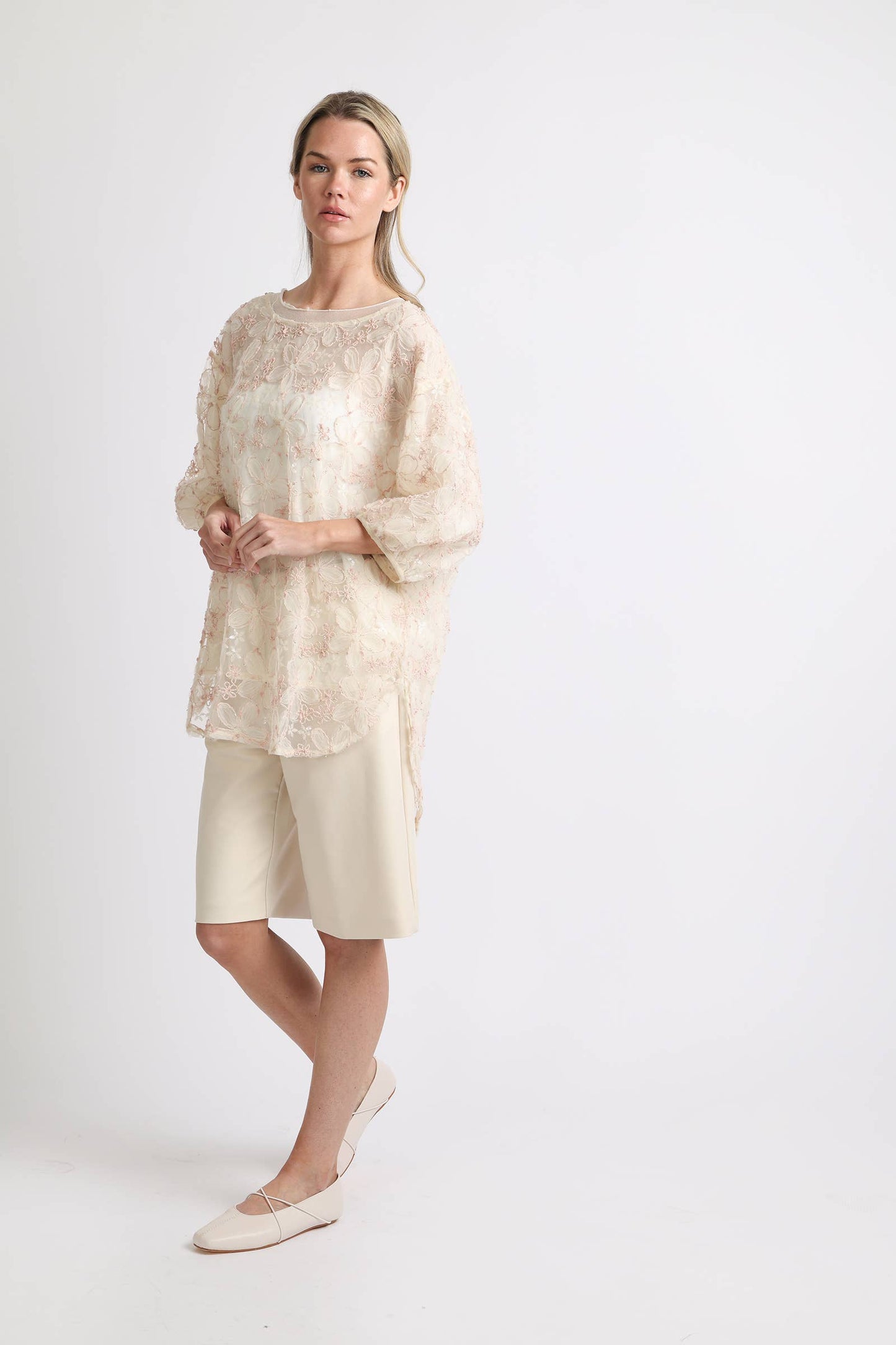 Floral Embroidered High Low Sheer Blouse