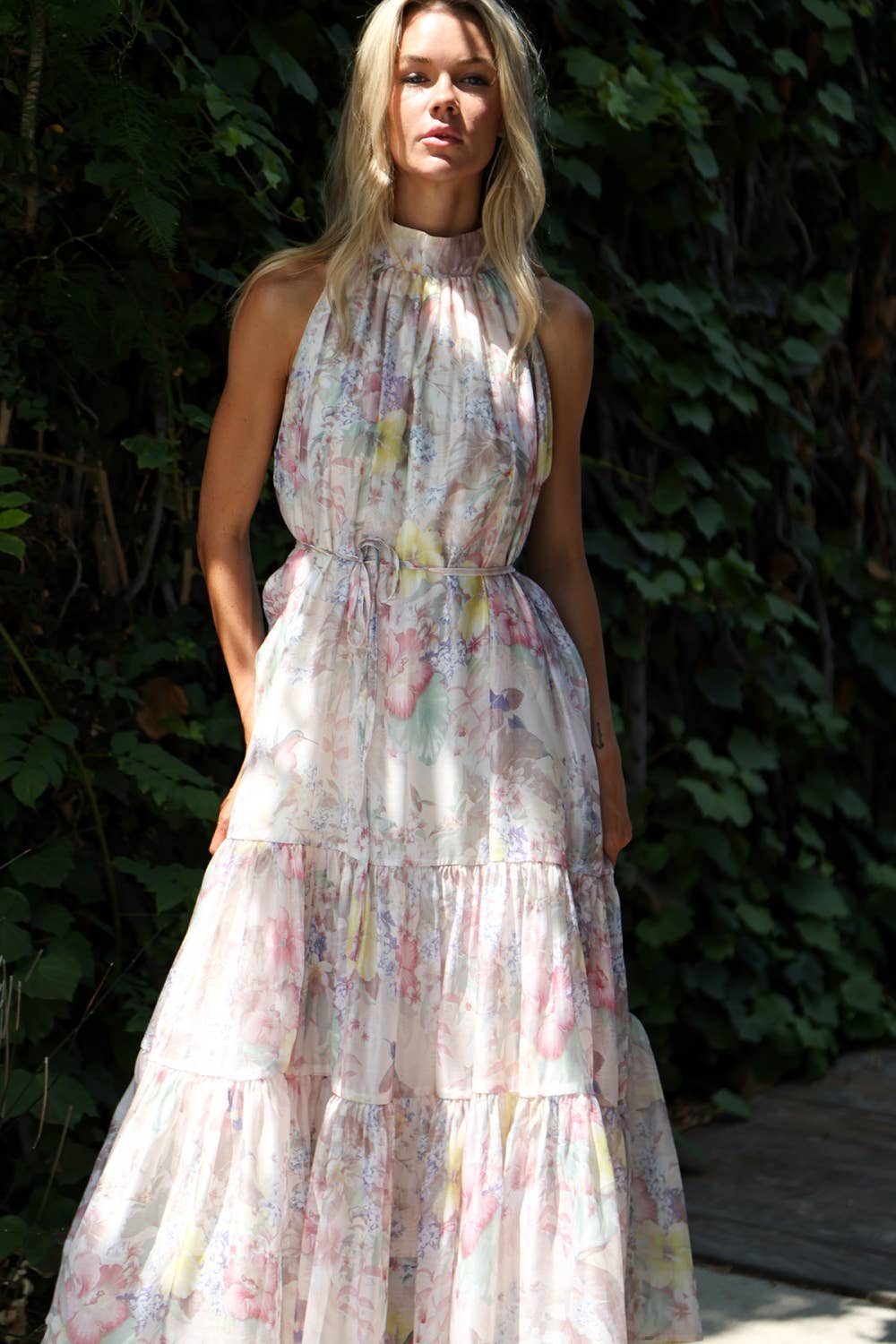 Botanical Floral Tiered High-Neck Maxi Dress