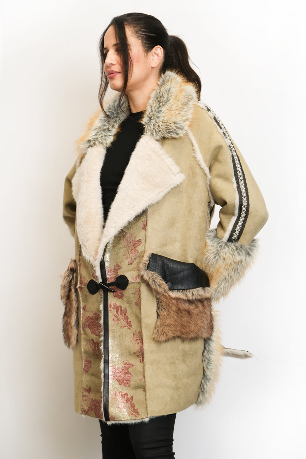 Ramona Embellished Glossy Texture & Faux Fur Trim Coat