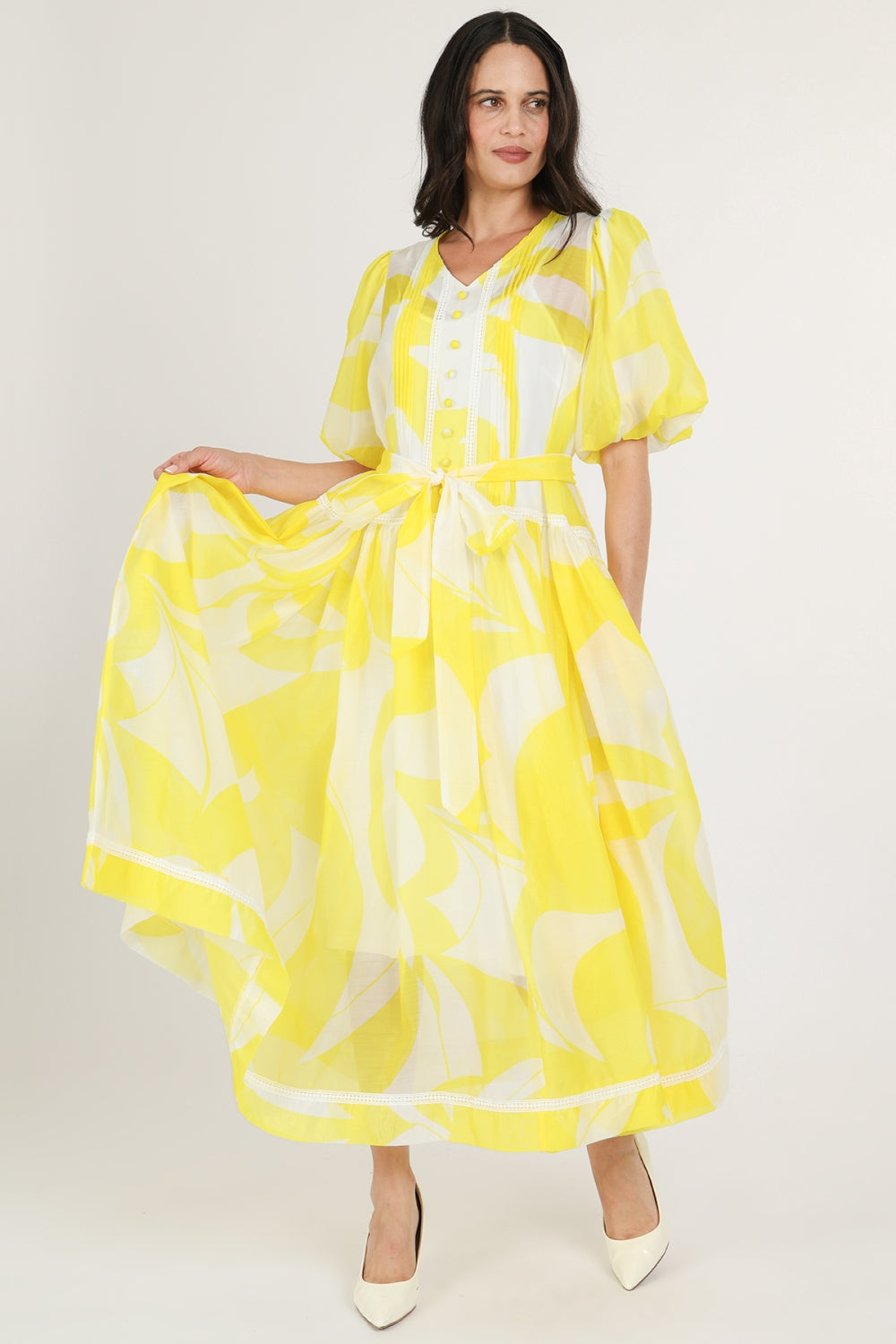 Dahlia Abstract Print Belted Puff Chiffon Maxi Dress – Shop
