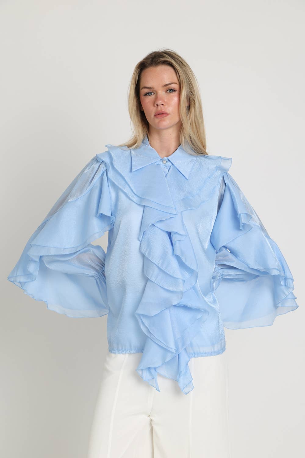Shimmer Organza Voluminous Ruffled Blouse