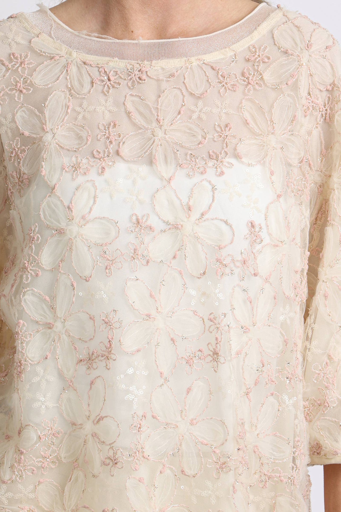 Floral Embroidered High Low Sheer Blouse