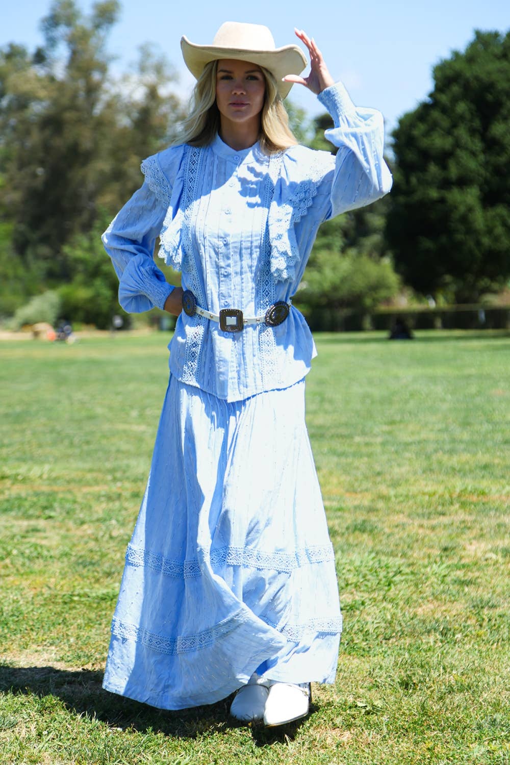 Lace Trimmed Ruffled Blouse And Tiered Maxi Skirt Set