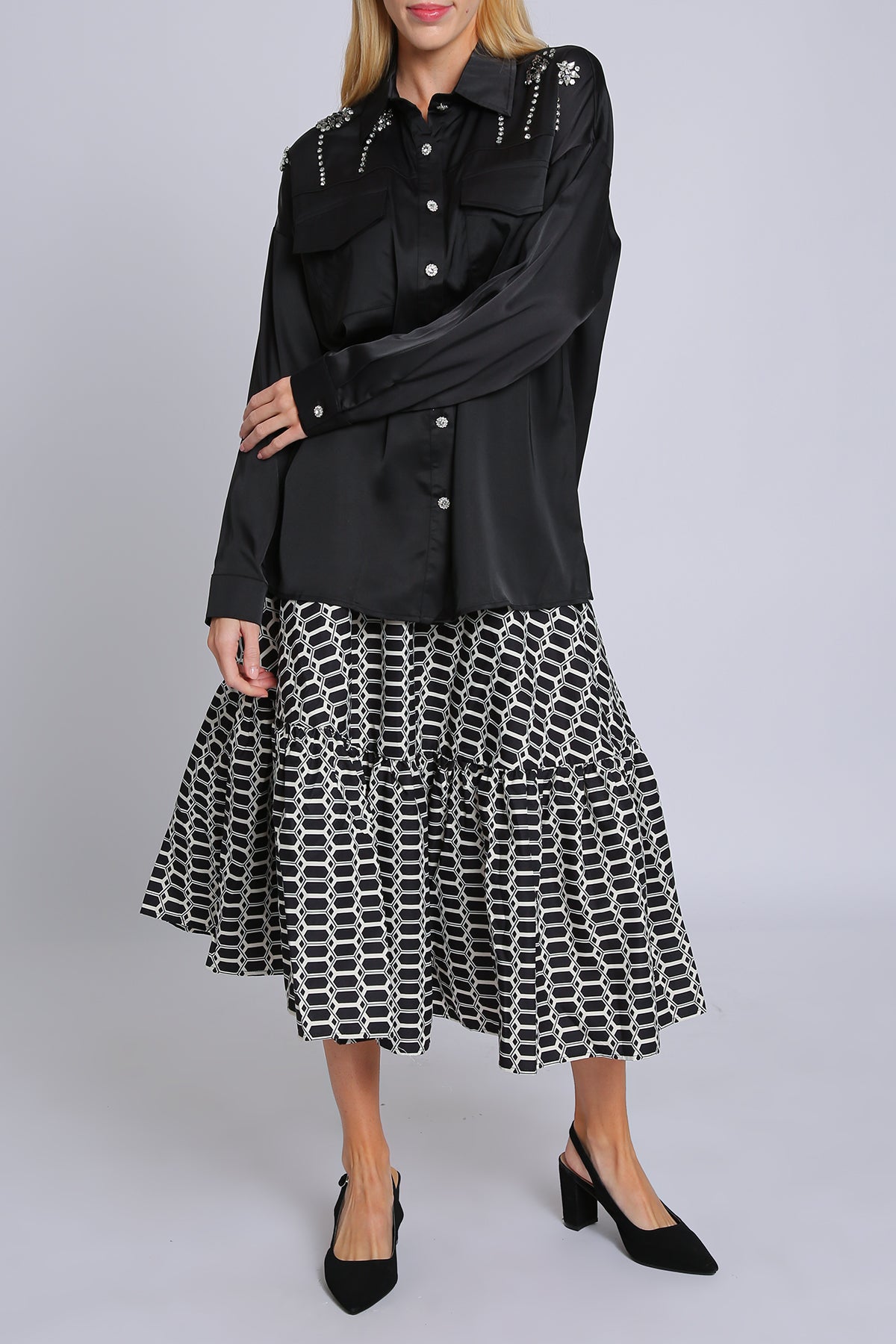 Craig Contrast Geometric Honeycomb Printed Midi Skirt - Shop Beulah Style