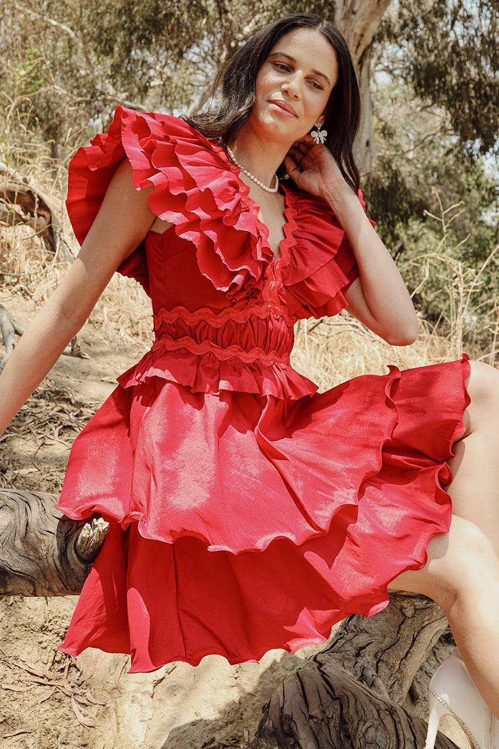 Liz Tiered Ruffled Detail Lace Trim V-Neck Mini Dress