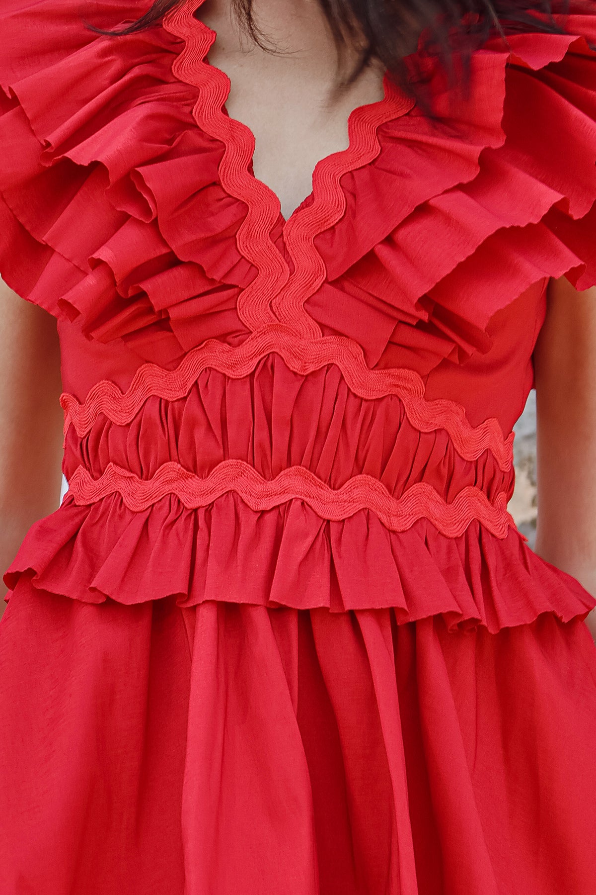 Liz Tiered Ruffled Detail Lace Trim V-Neck Mini Dress - Shop Beulah Style