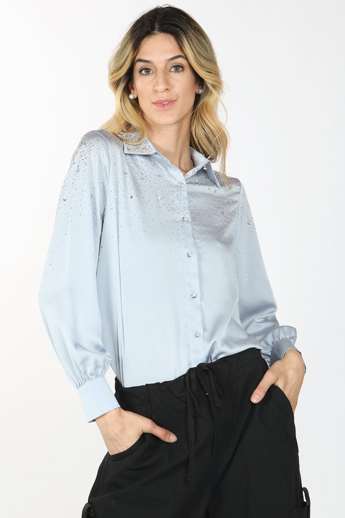 Kaia Sprinkled Rhinestone Satin Shirt - Shop Beulah Style