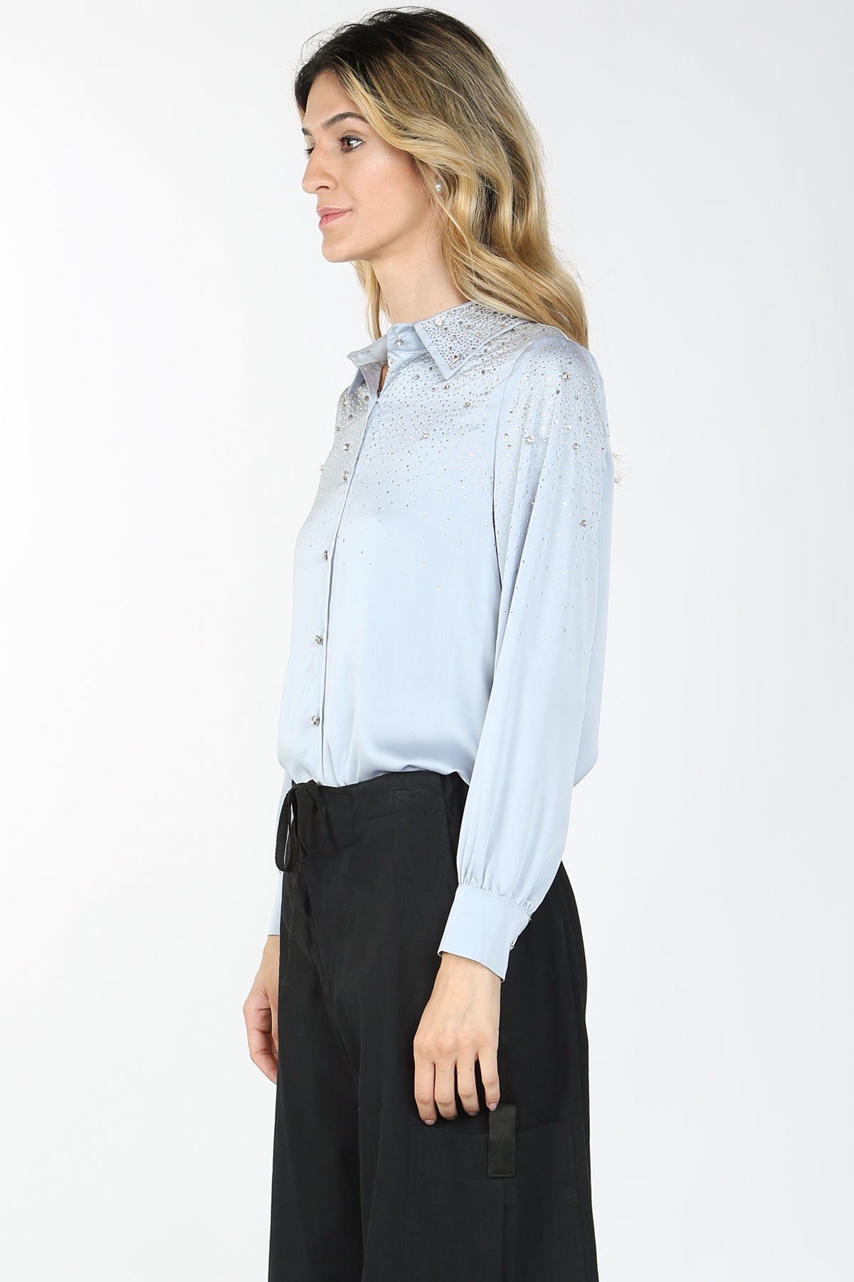 Kaia Sprinkled Rhinestone Satin Shirt - Shop Beulah Style