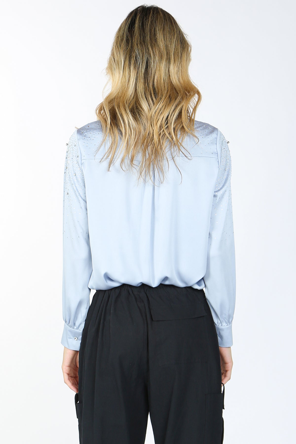 Kaia Sprinkled Rhinestone Satin Shirt - Shop Beulah Style