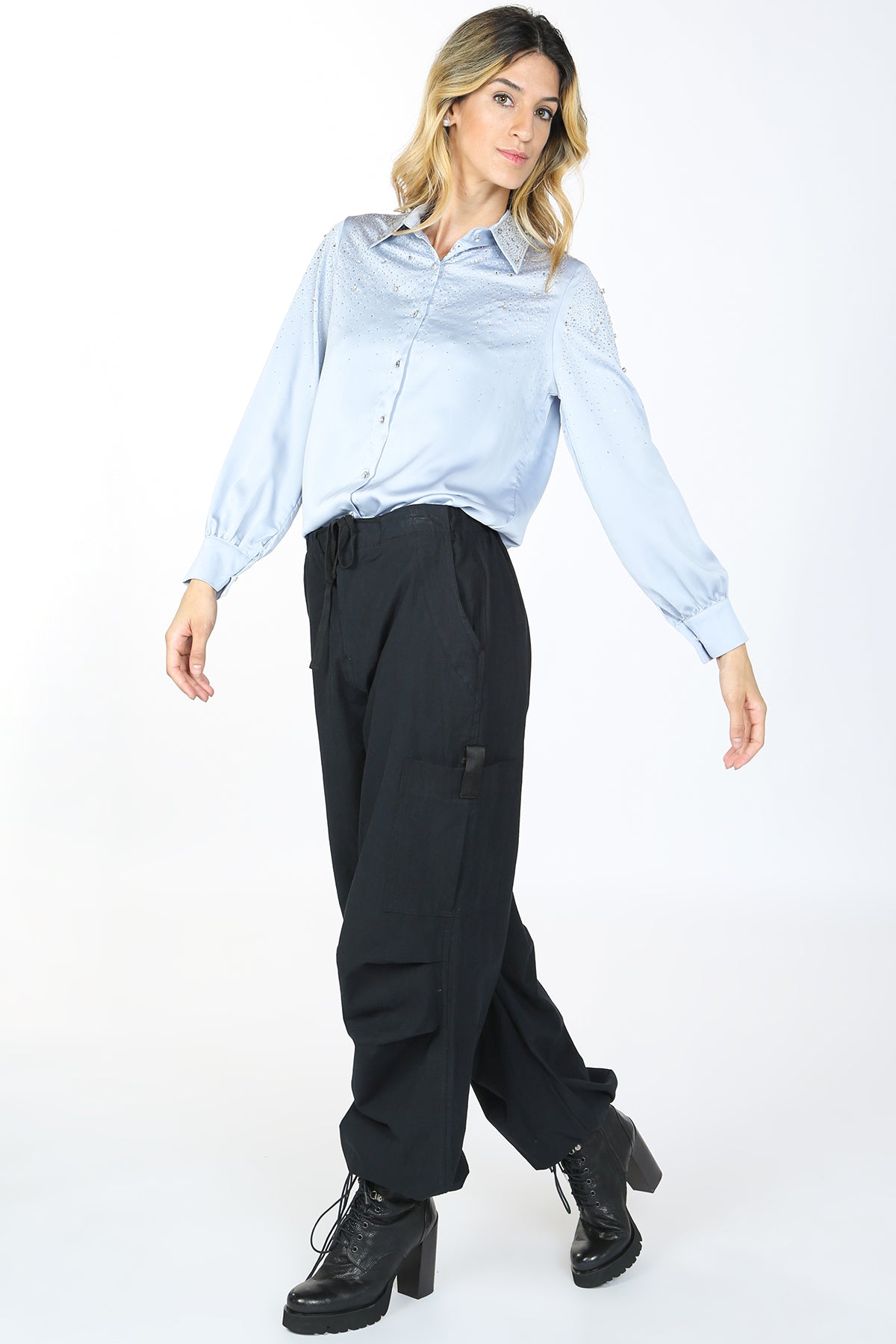 Kaia Sprinkled Rhinestone Satin Shirt - Shop Beulah Style