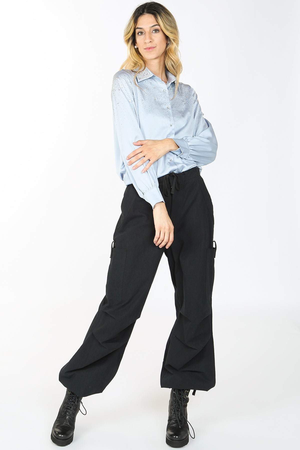 Kaia Sprinkled Rhinestone Satin Shirt - Shop Beulah Style