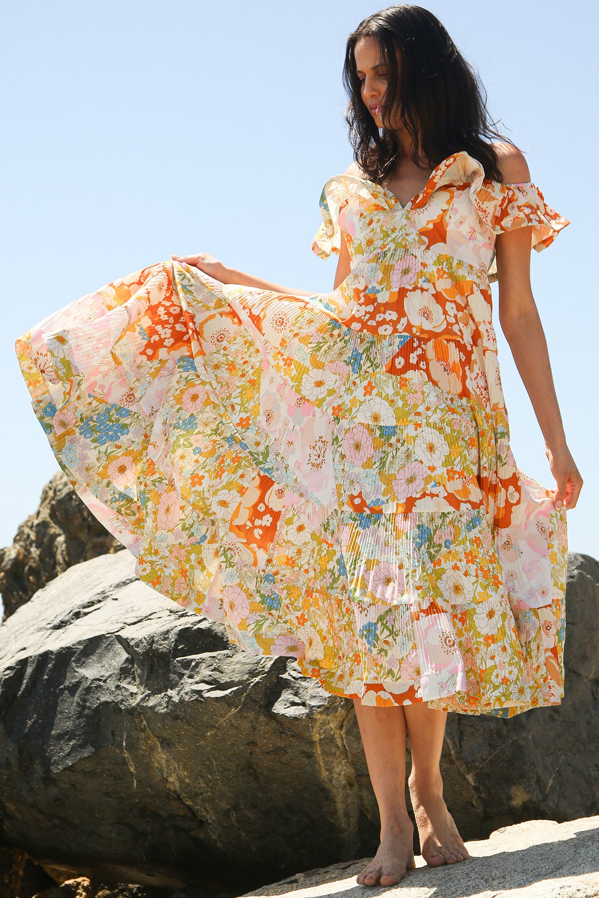Melody Floral Print Tiered & Ruffled Pleats Midi Dress