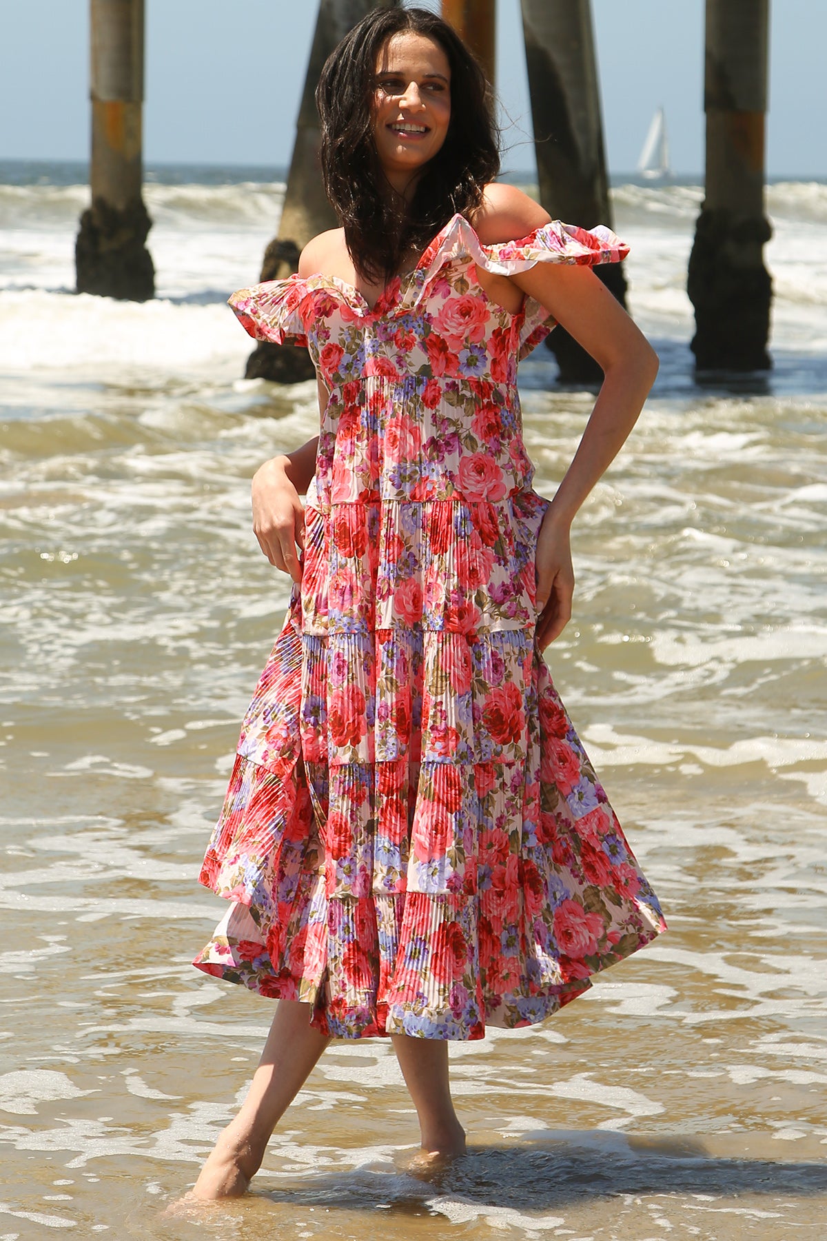 Melody Floral Print Tiered & Ruffled Pleats Midi Dress - Shop Beulah Style