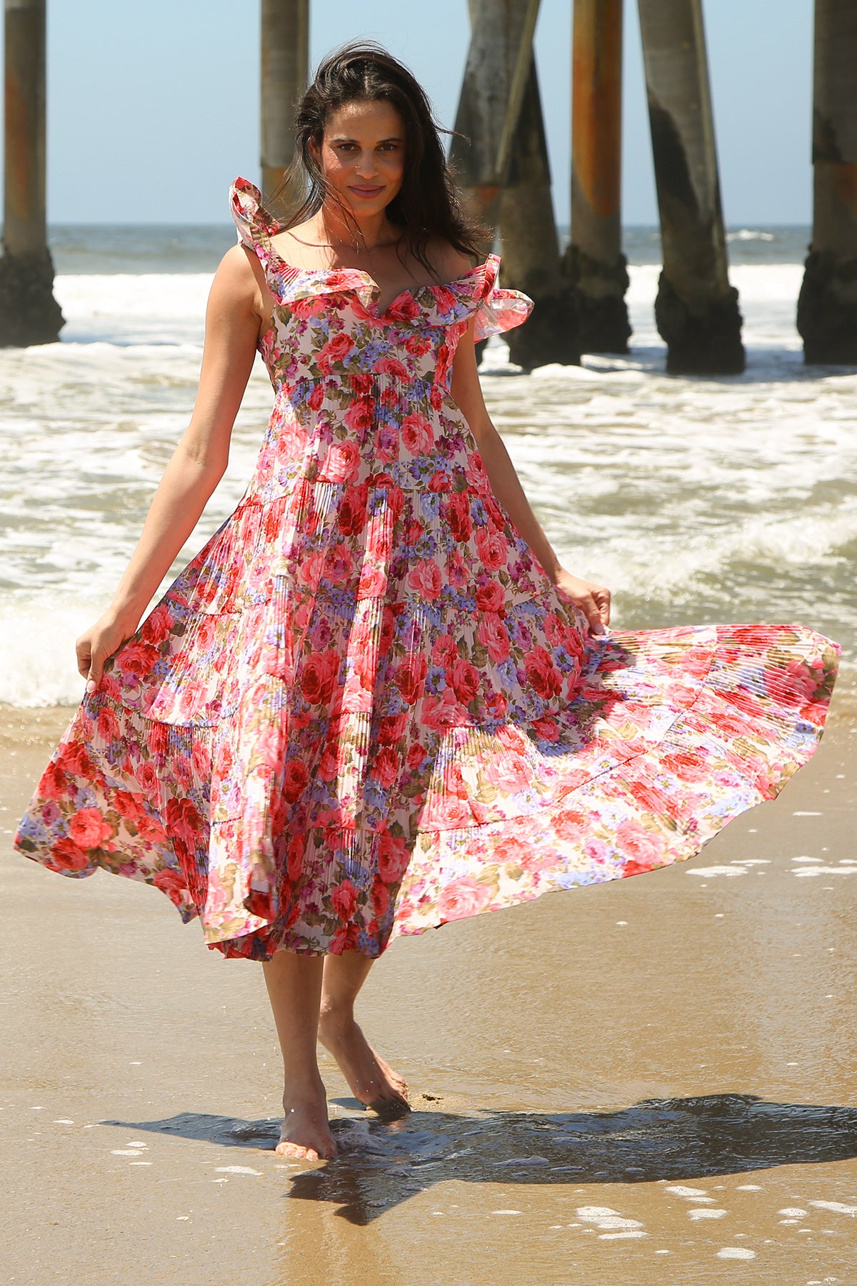 Melody Floral Print Tiered & Ruffled Pleats Midi Dress - Shop Beulah Style
