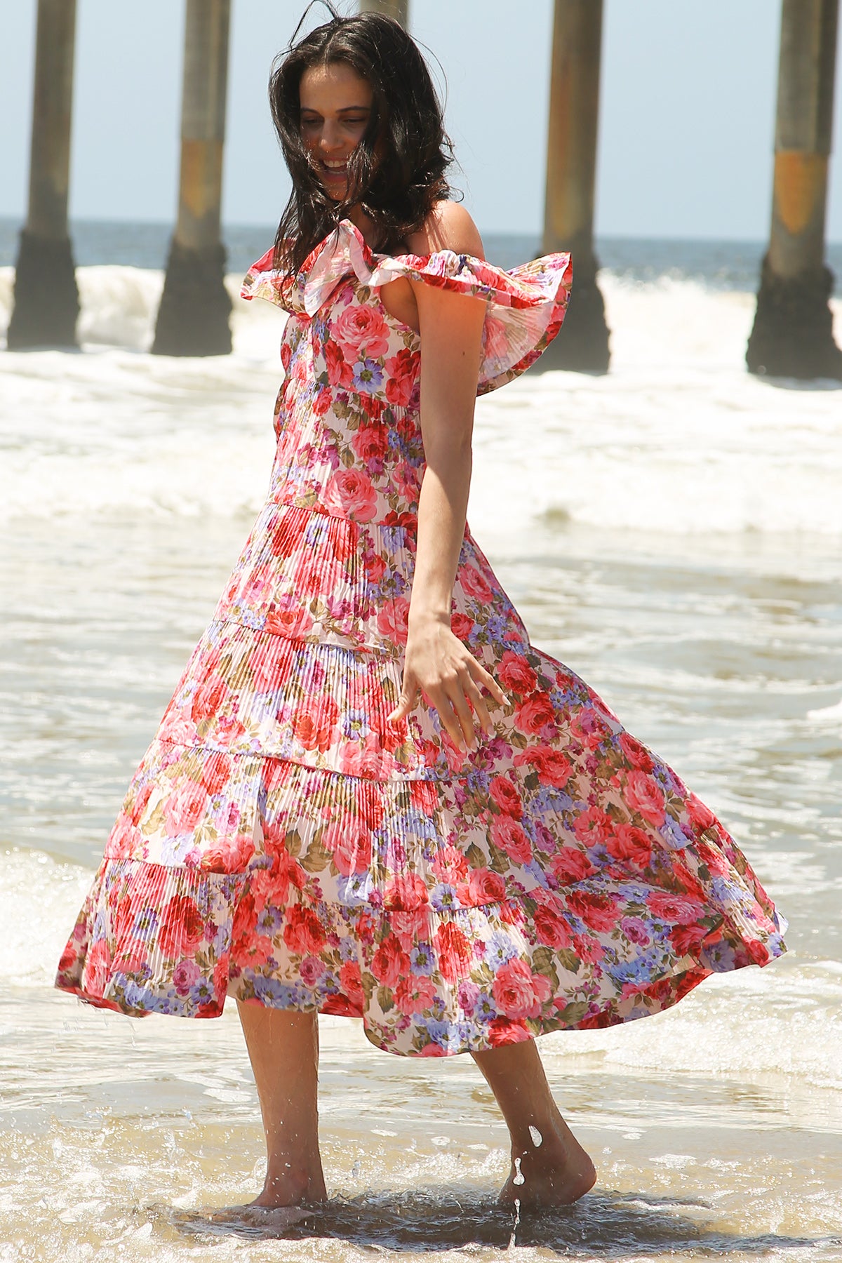 Melody Floral Print Tiered & Ruffled Pleats Midi Dress - Shop Beulah Style