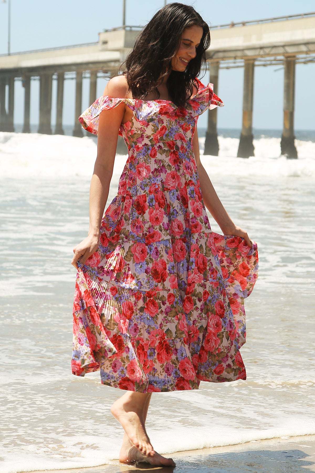 Melody Floral Print Tiered & Ruffled Pleats Midi Dress - Shop Beulah Style