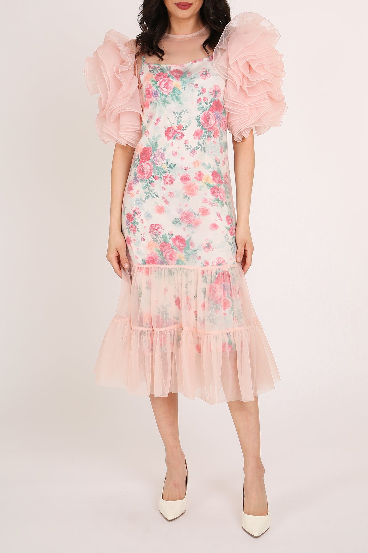 Vicky Floral Print Ruffled Mesh Tulle Detail Midi Dress - Shop Beulah Style