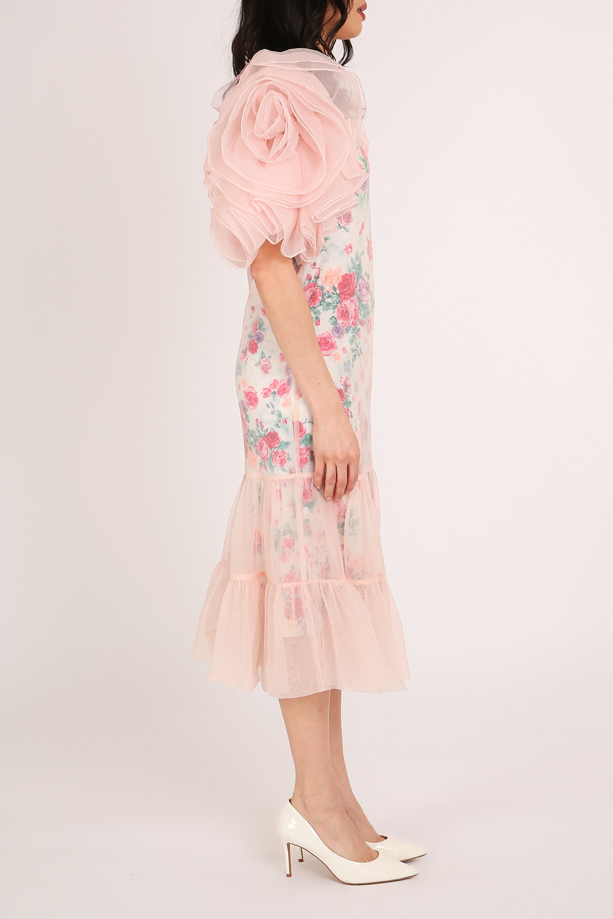 Vicky Floral Print Ruffled Mesh Tulle Detail Midi Dress - Shop Beulah Style