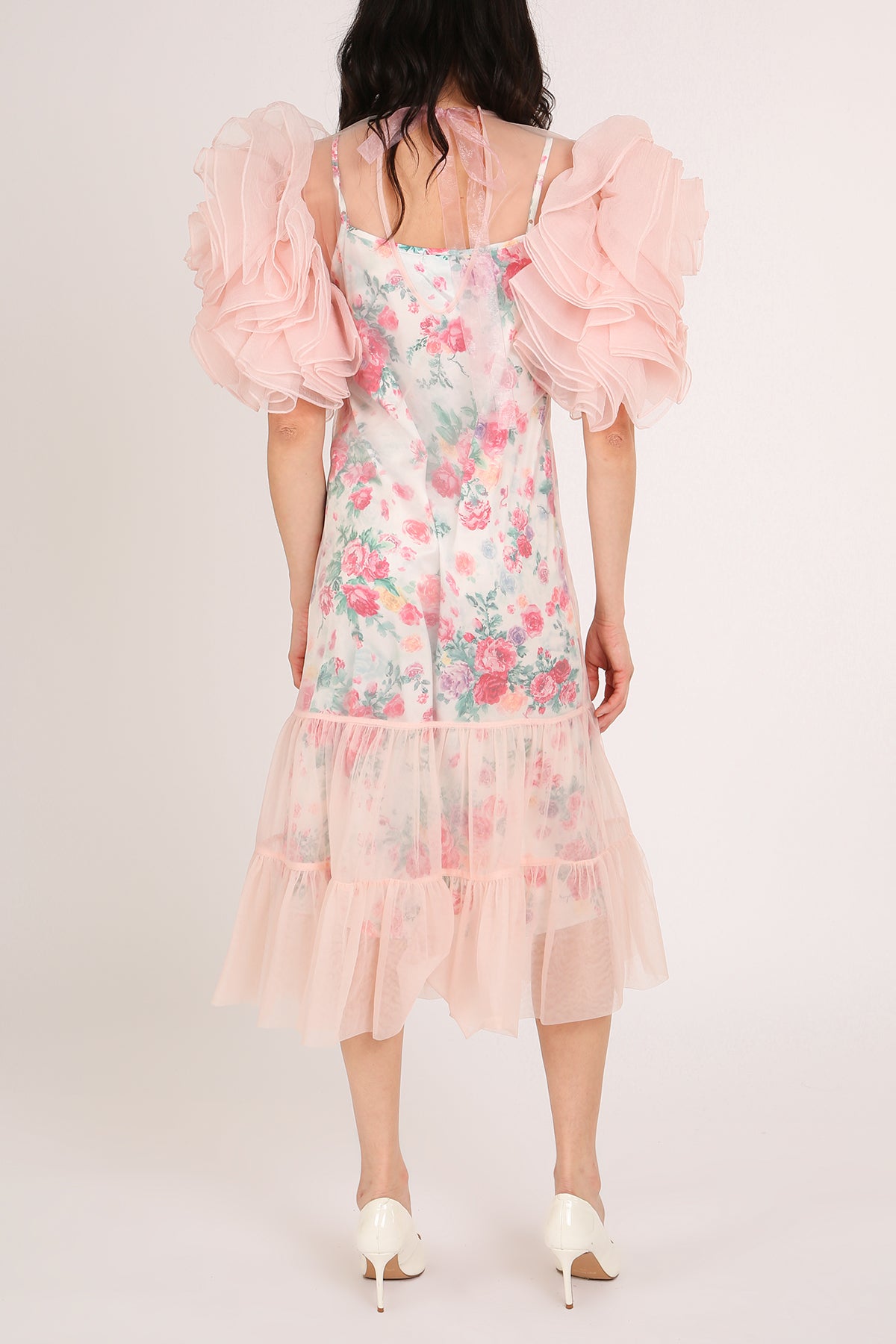 Vicky Floral Print Ruffled Mesh Tulle Detail Midi Dress - Shop Beulah Style