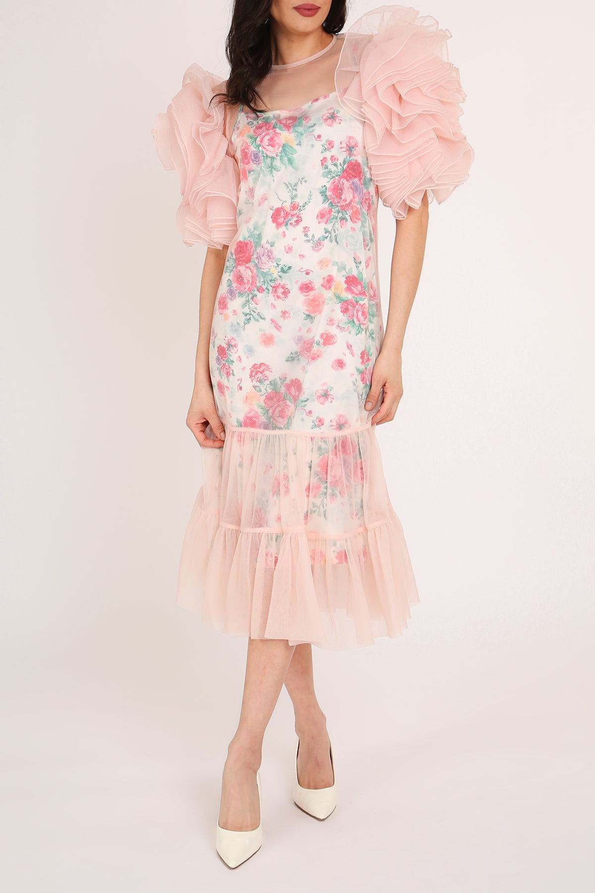 Vicky Floral Print Ruffled Mesh Tulle Detail Midi Dress - Shop Beulah Style