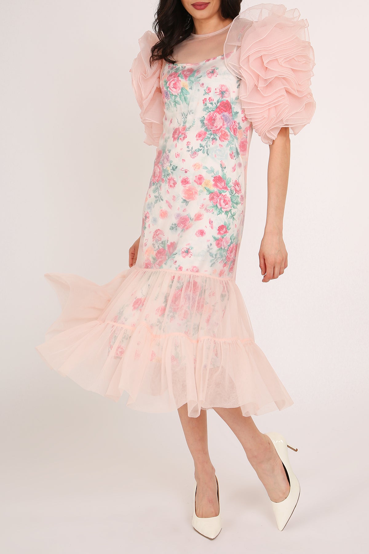 Vicky Floral Print Ruffled Mesh Tulle Detail Midi Dress - Shop Beulah Style