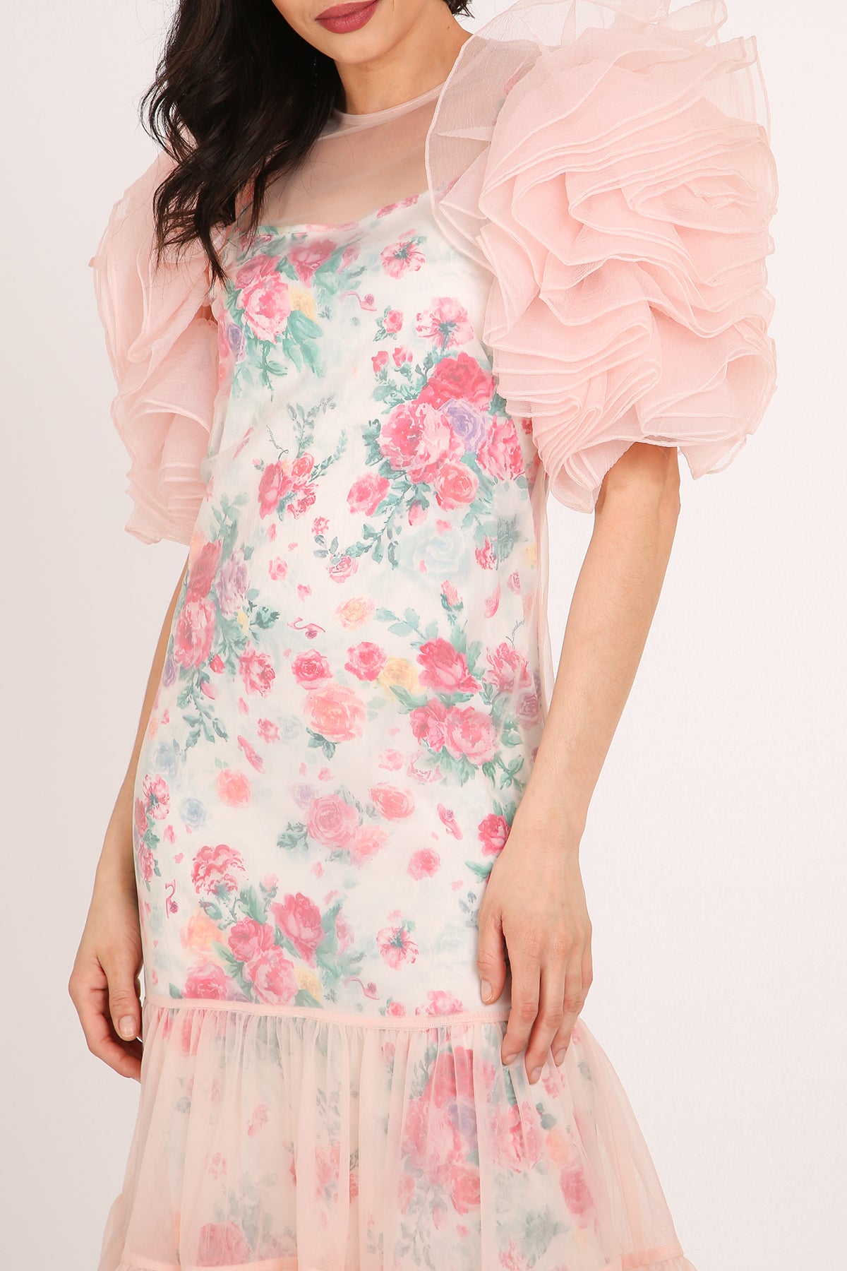 Vicky Floral Print Ruffled Mesh Tulle Detail Midi Dress - Shop Beulah Style