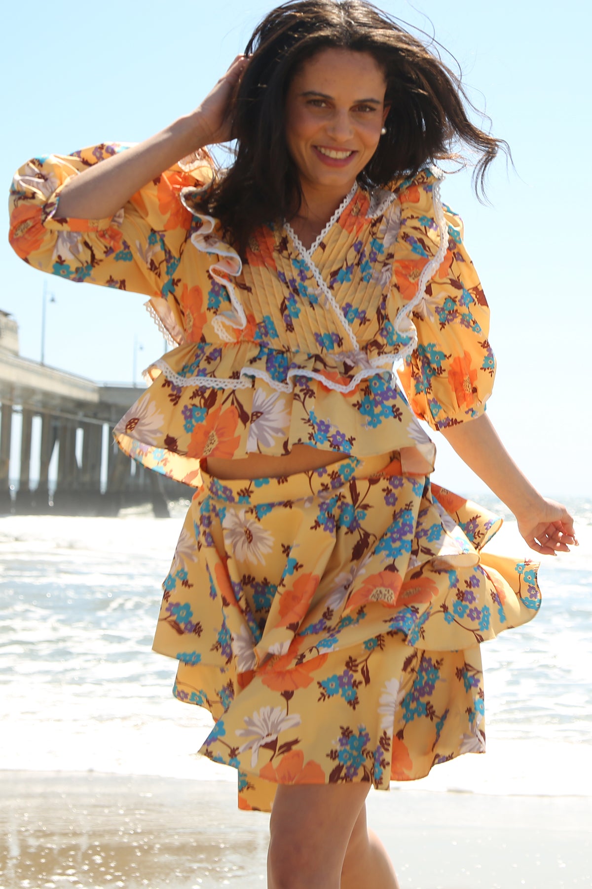 Daisy Floral Print Ruffled Lace Trim Top & Skirt Set - Shop Beulah Style