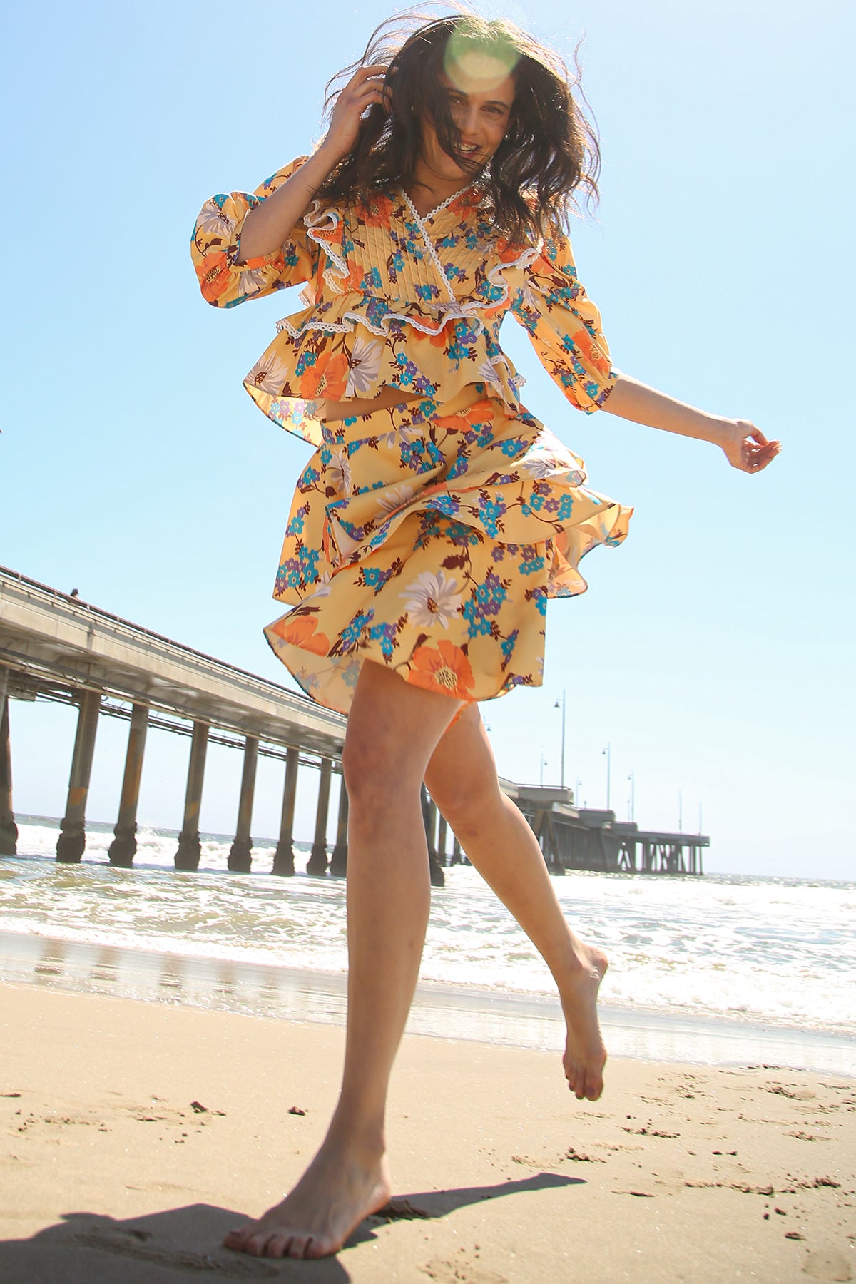 Daisy Floral Print Ruffled Lace Trim Top & Skirt Set - Shop Beulah Style