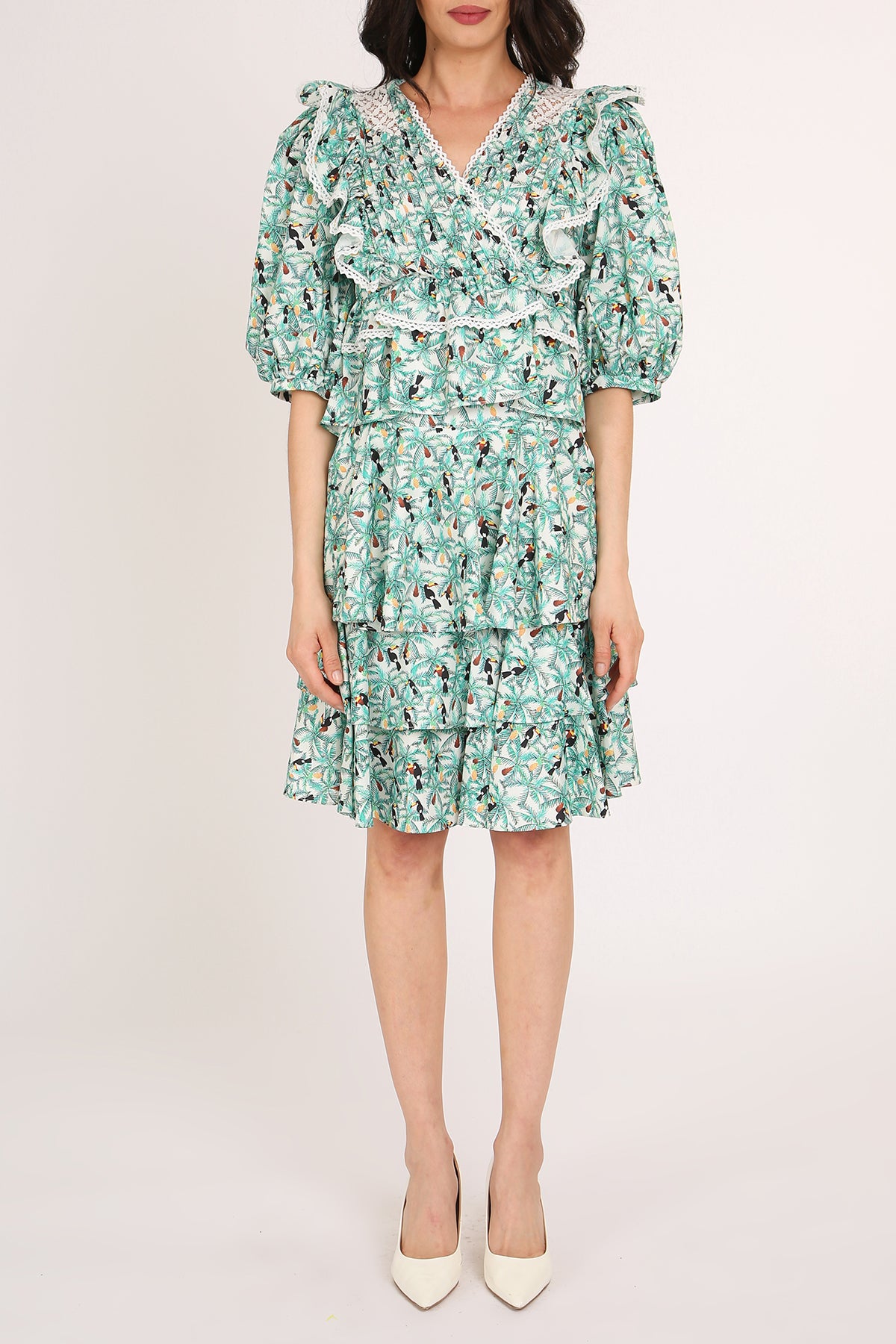 Logan Tropical Print Tiered Ruffles Blouse & Skirt Set - Shop Beulah Style