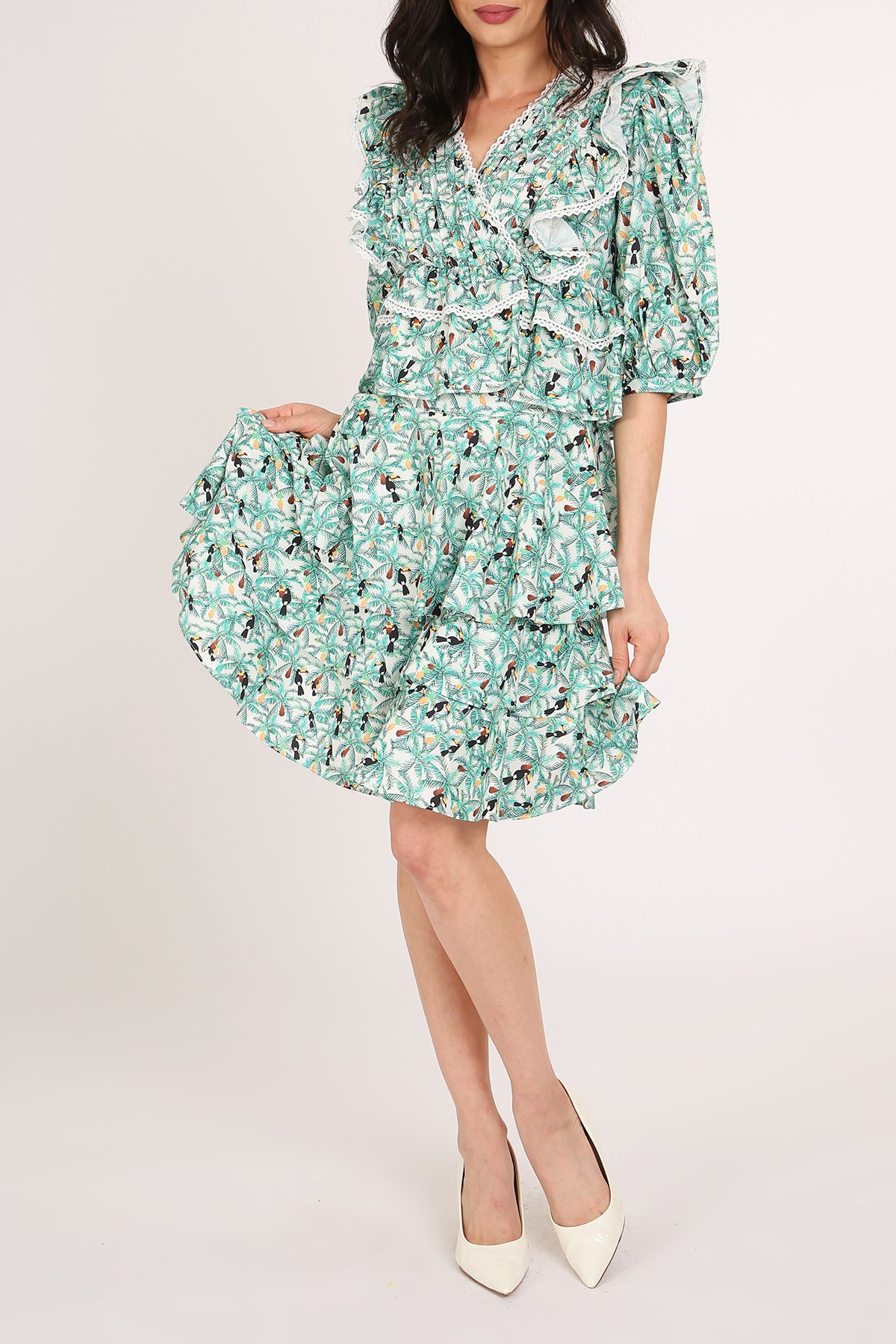 Logan Tropical Print Tiered Ruffles Blouse & Skirt Set - Shop Beulah Style