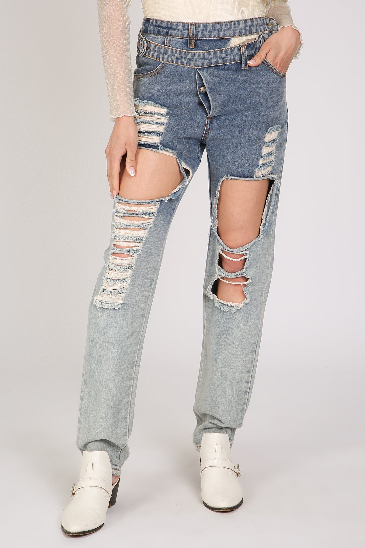 Brian Front Cutout Details Layered Waist Denim Pants - Shop Beulah Style