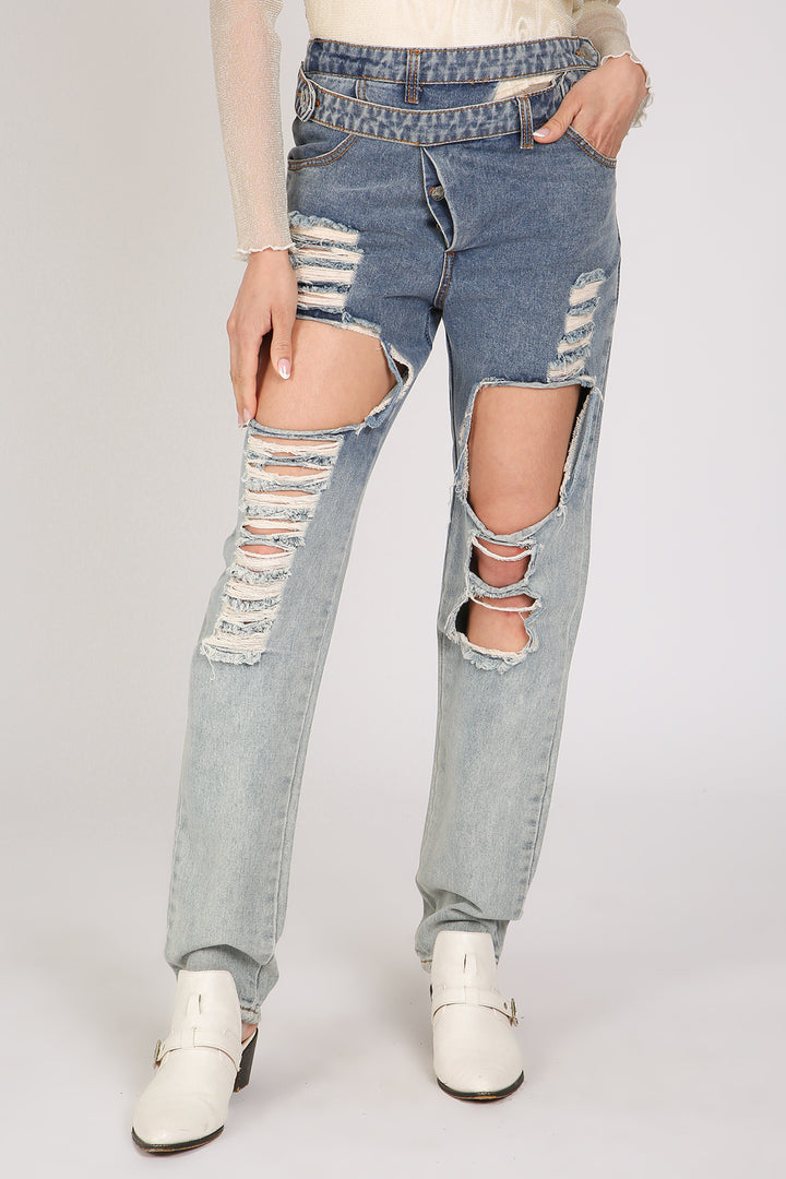 Brian Front Cutout Details Layered Waist Denim Pants