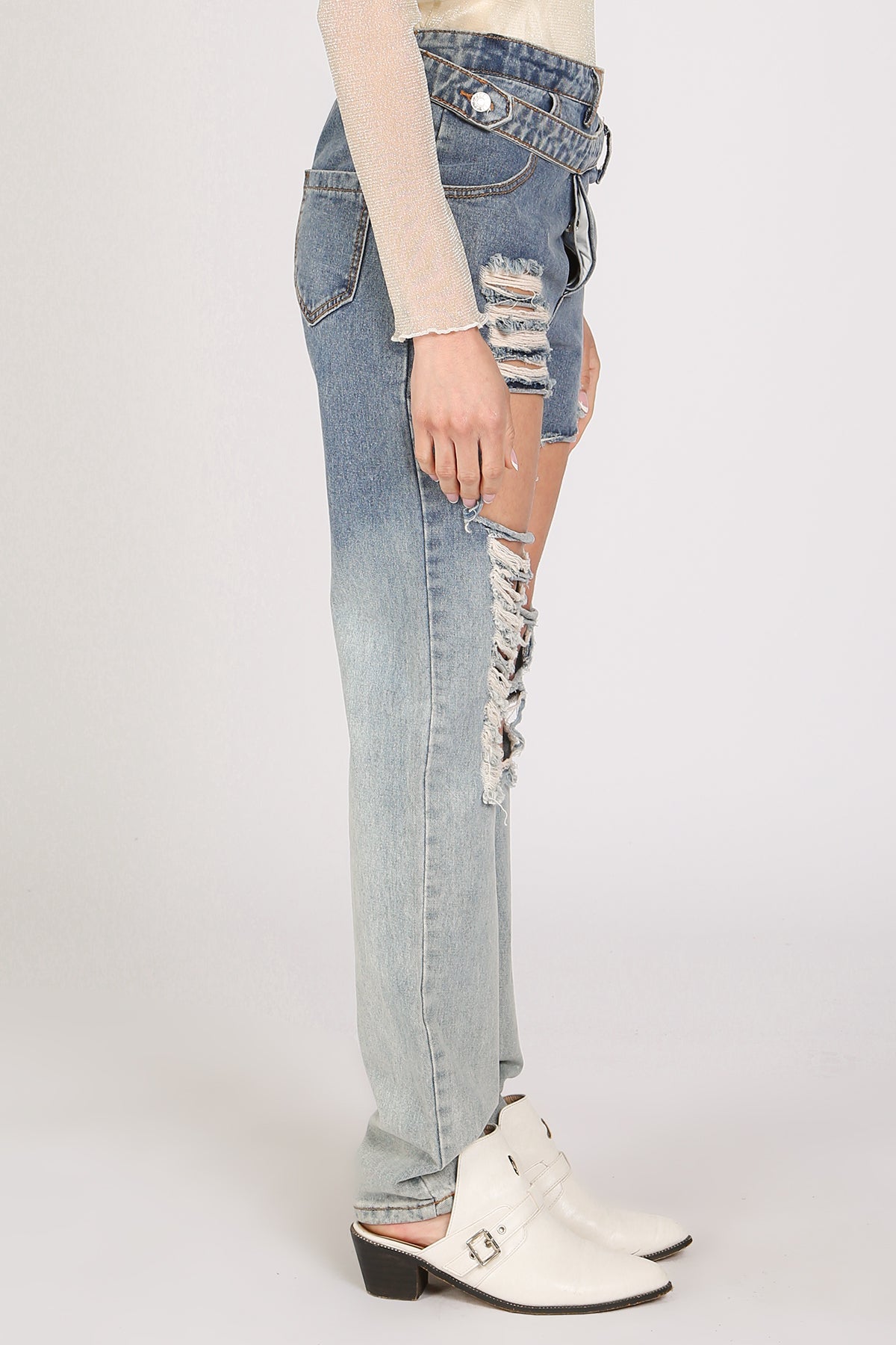 Brian Front Cutout Details Layered Waist Denim Pants - Shop Beulah Style