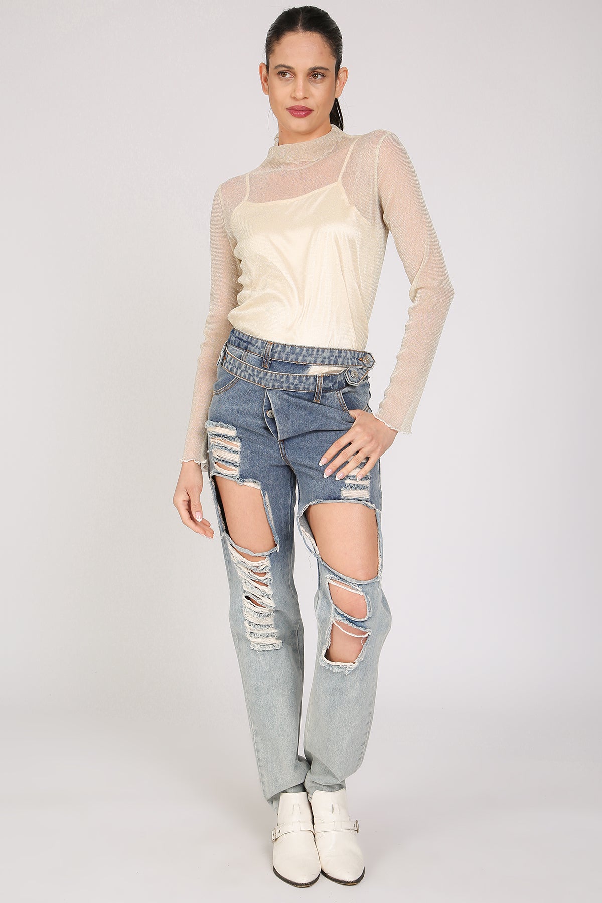 Brian Front Cutout Details Layered Waist Denim Pants - Shop Beulah Style