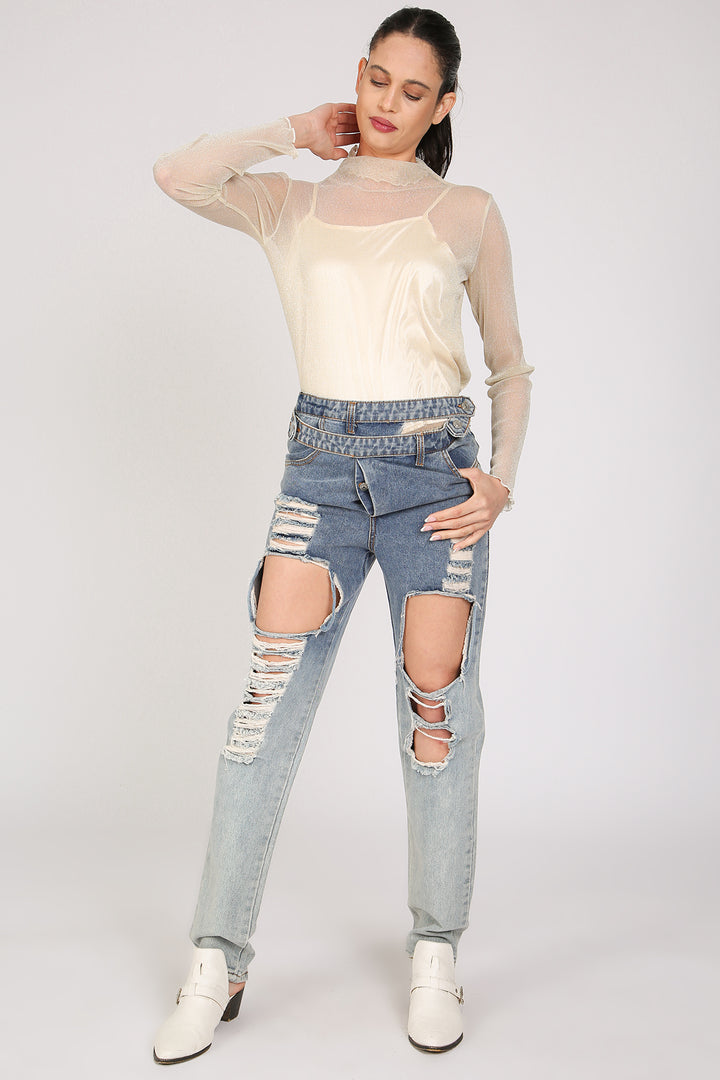 Brian Front Cutout Details Layered Waist Denim Pants