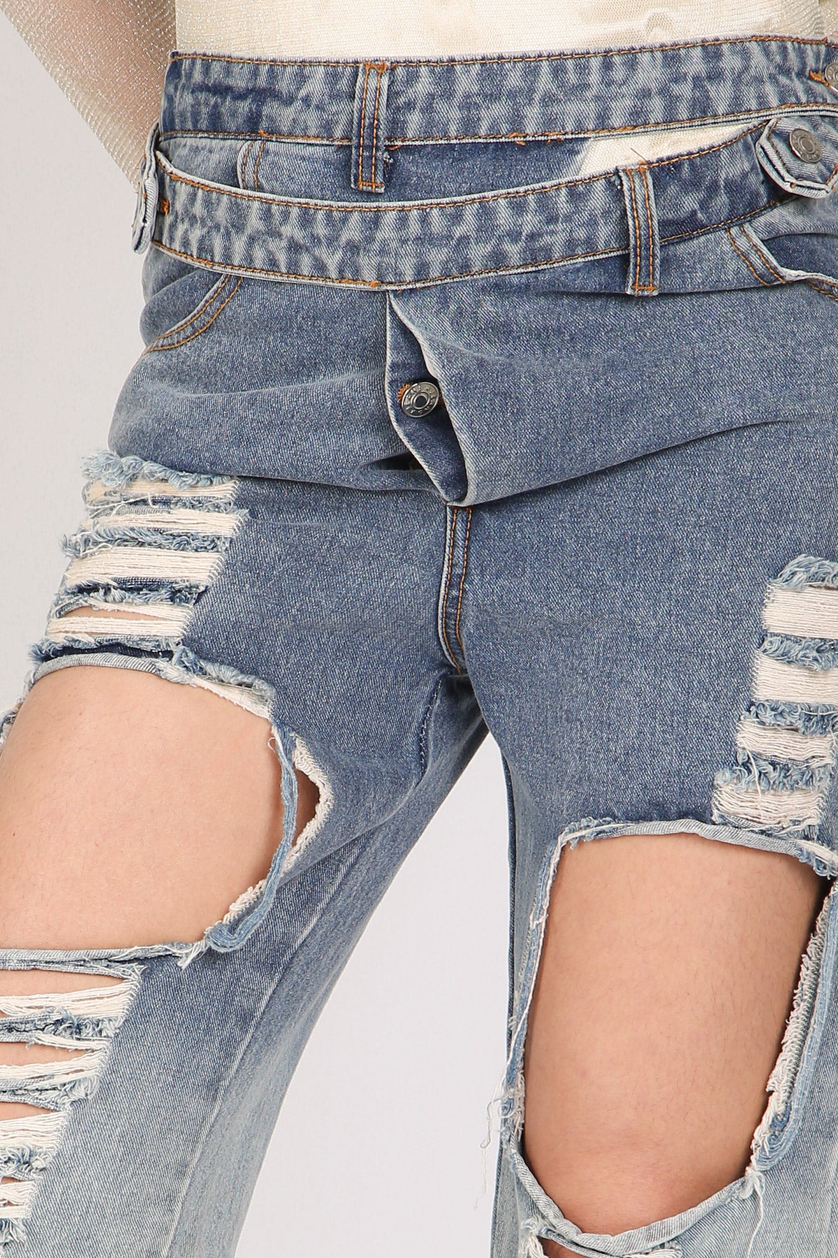 Brian Front Cutout Details Layered Waist Denim Pants - Shop Beulah Style