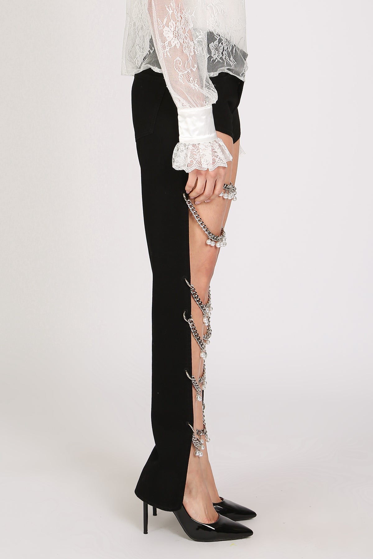 Ellie Pearled Chain Embellished Cutout Denim Pants - Shop Beulah Style