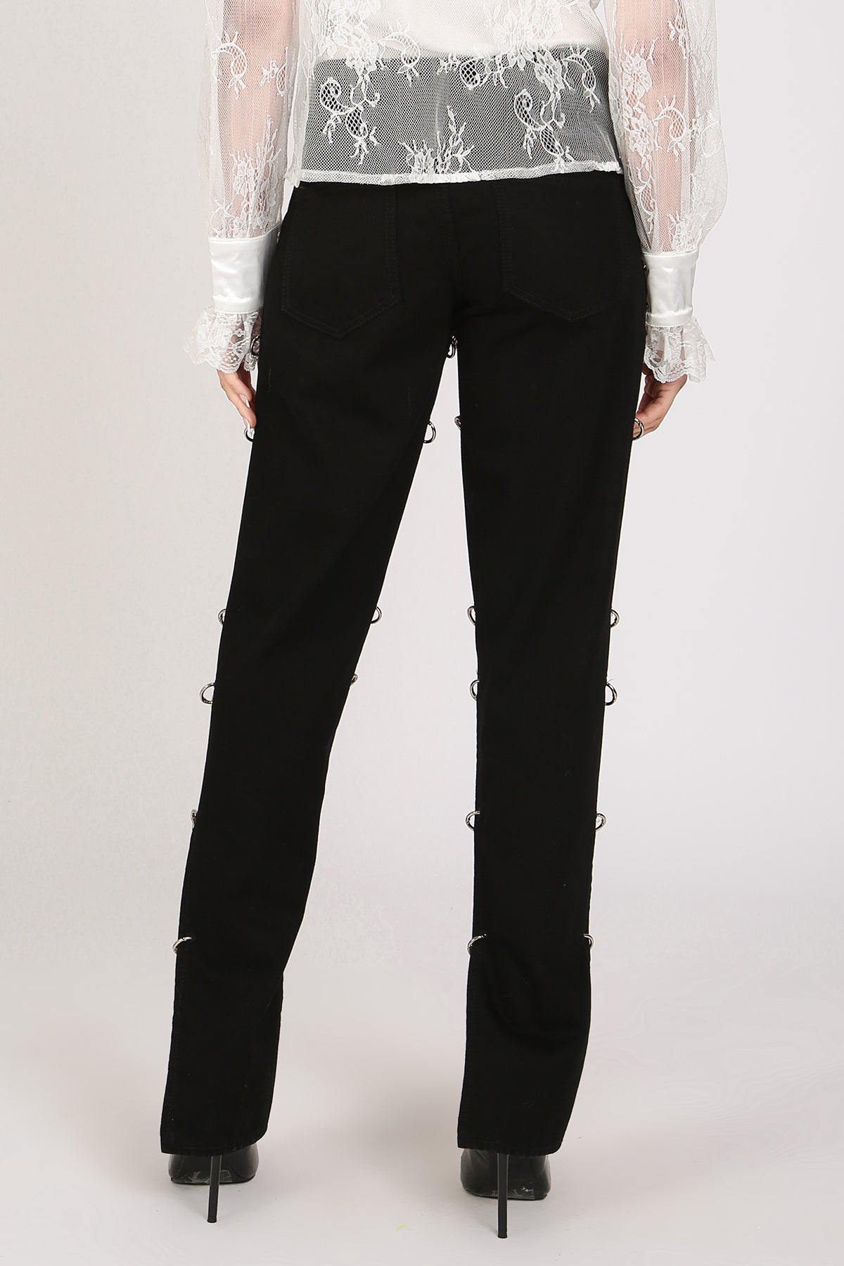 Ellie Pearled Chain Embellished Cutout Denim Pants - Shop Beulah Style