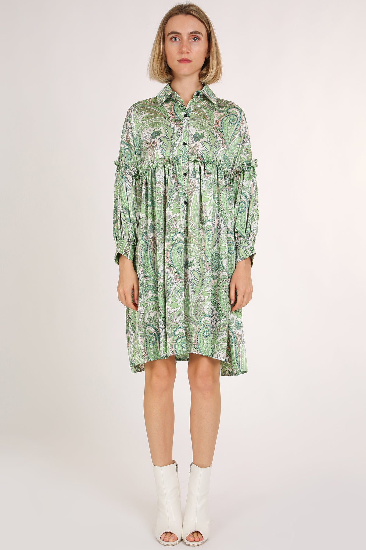 Vanessa Paisley Printed Frill Detail Mini Shirt Dress - Shop Beulah Style