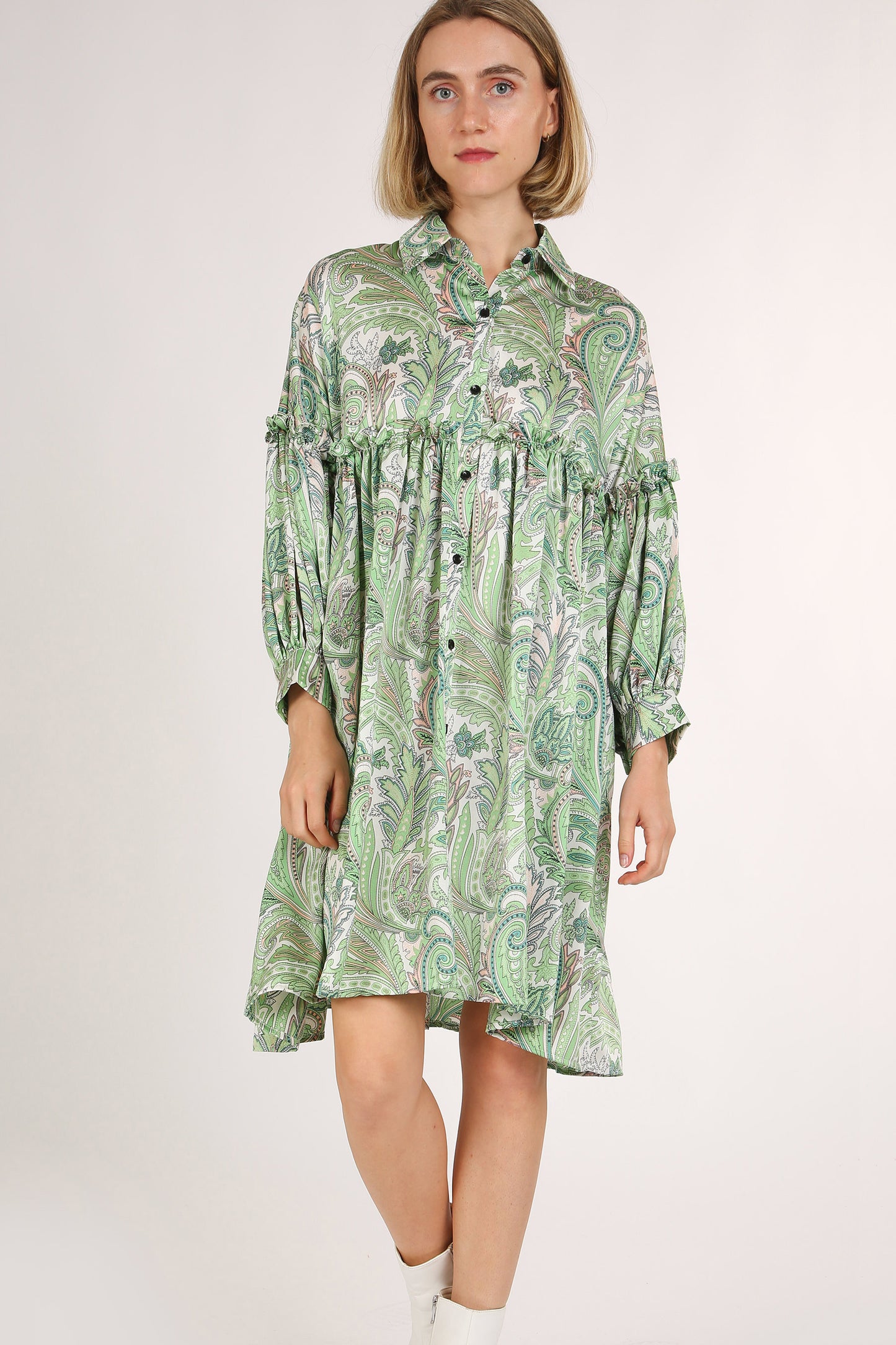 Vanessa Paisley Printed Frill Detail Mini Shirt Dress - Shop Beulah Style