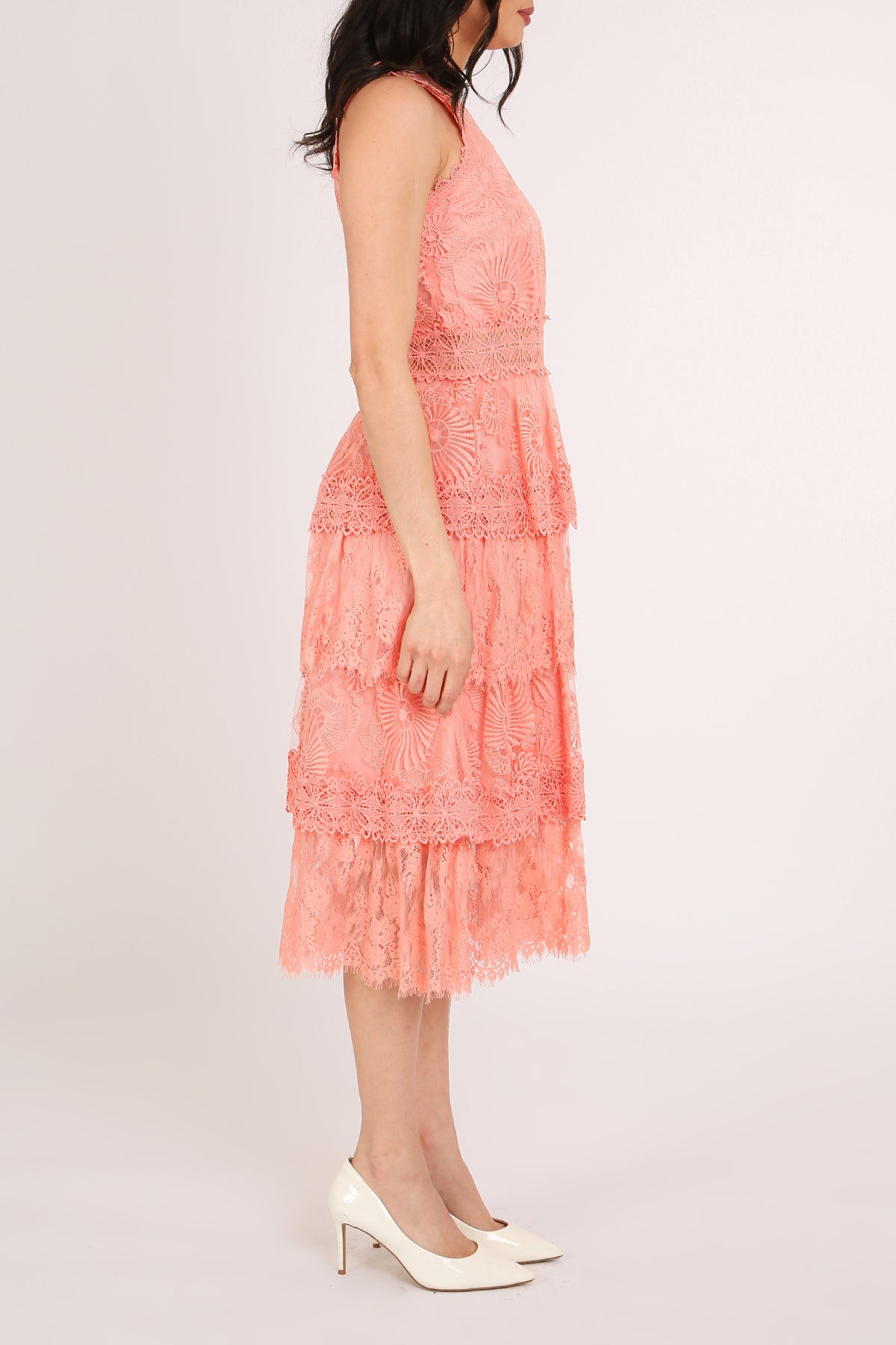 Tori Floral Embroidered Lace Tiered Sheath Midi Dress - Shop Beulah Style