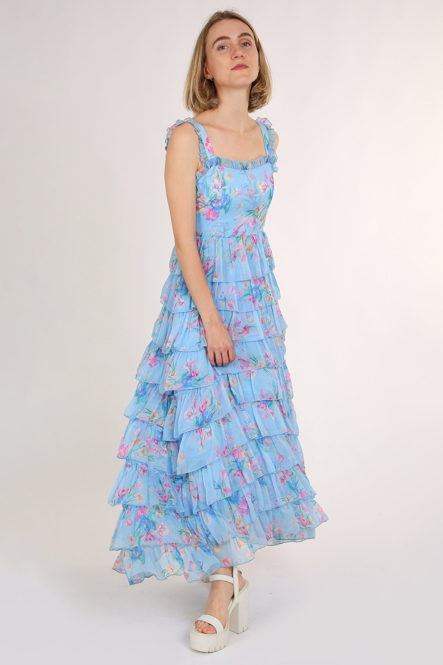 Kalisa Floral Print Tiered Ruffles Maxi Slip Sundress - Shop Beulah Style