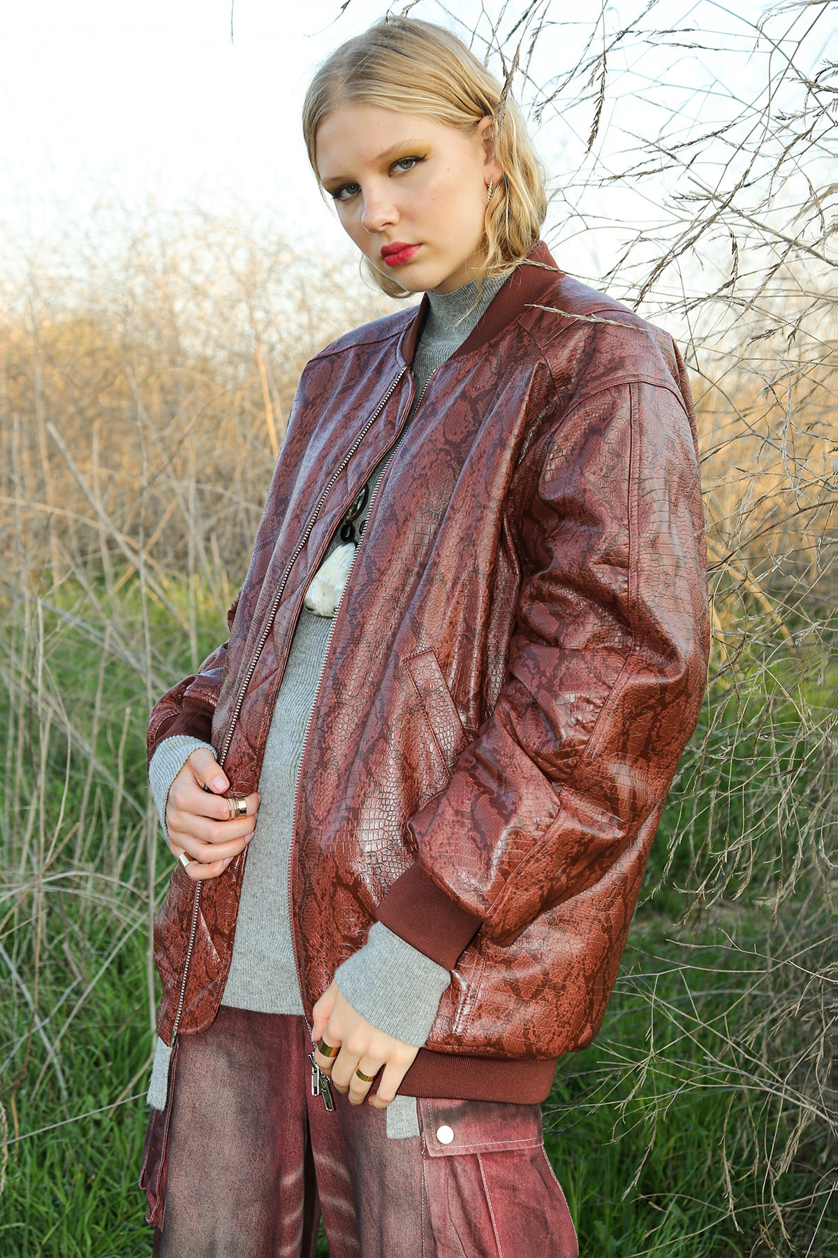 Pierce Snake Patterned Pleather Bomber Jacket - Shop Beulah Style