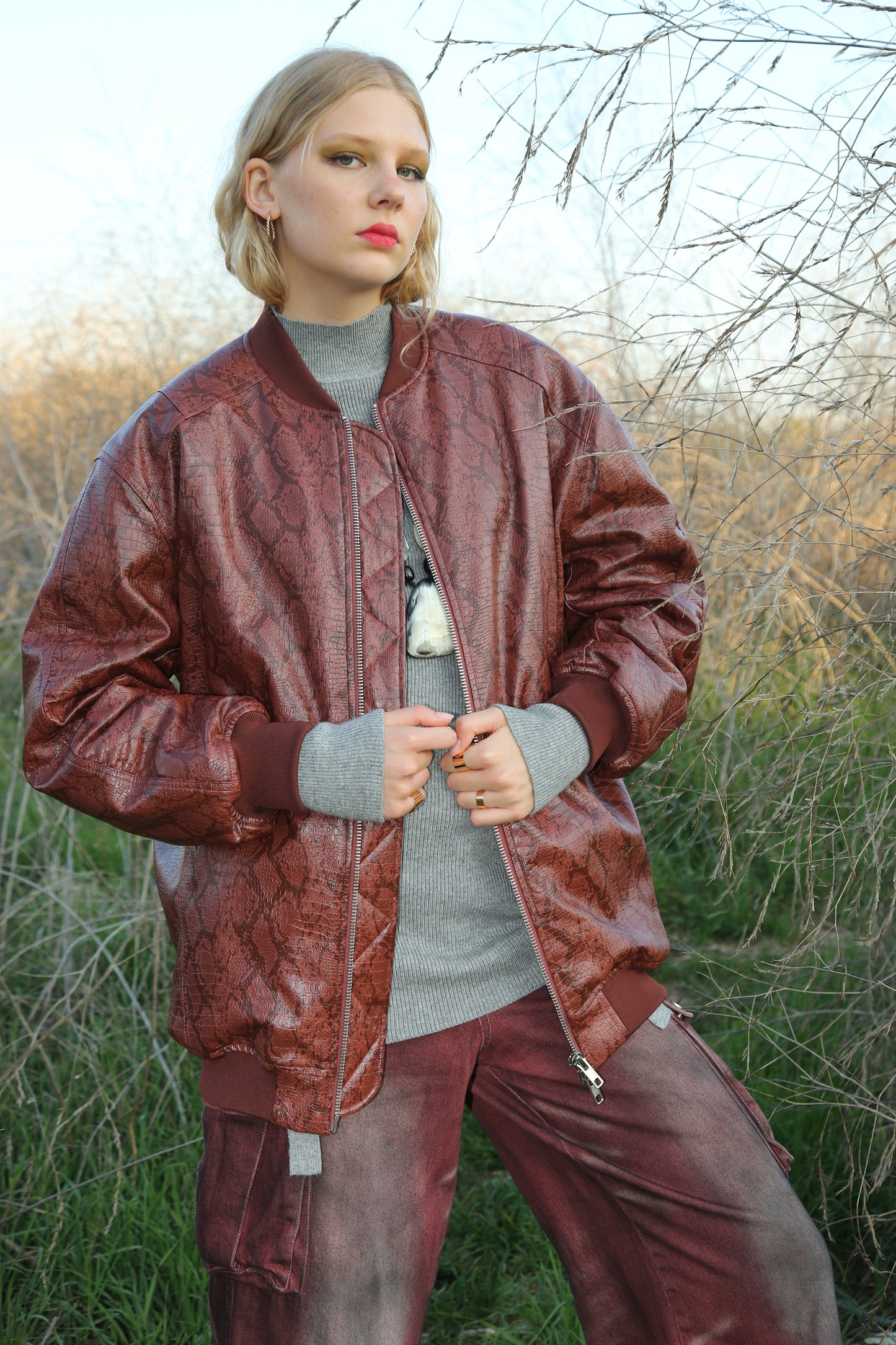 Pierce Snake Patterned Pleather Bomber Jacket - Shop Beulah Style