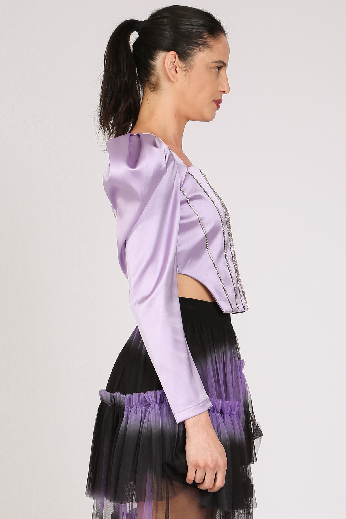 Andy Rhinestone Embellished Satin Puff Corset Top
