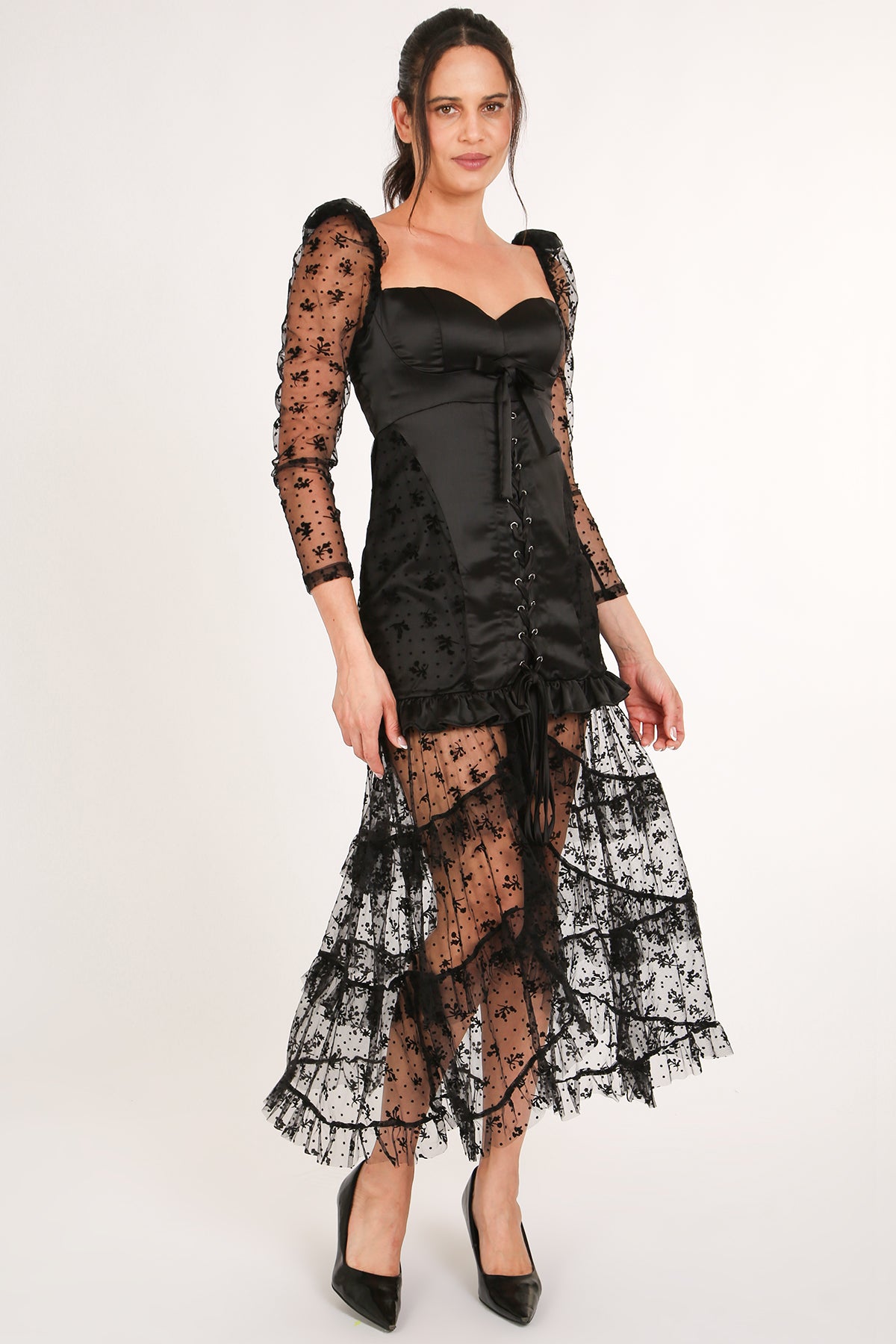 Cathy Embroidered Mesh & Satin Corset Maxi Slip Dress - Shop Beulah Style