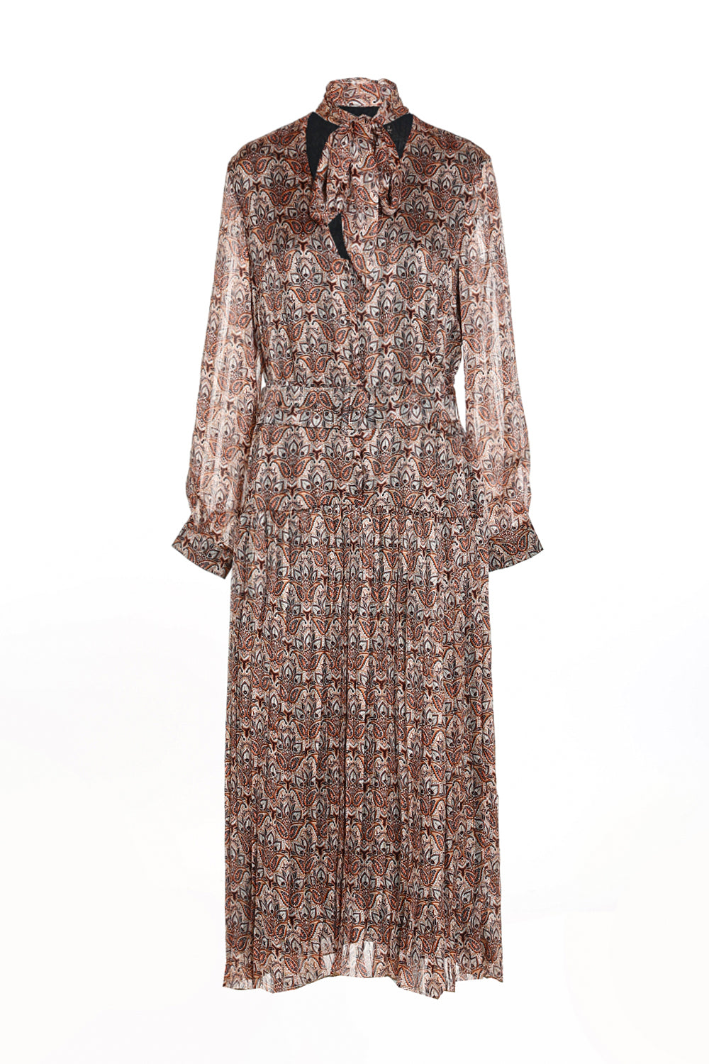 Multi-Print Paisley Pleated Bowtie Sheer Maxi Dress