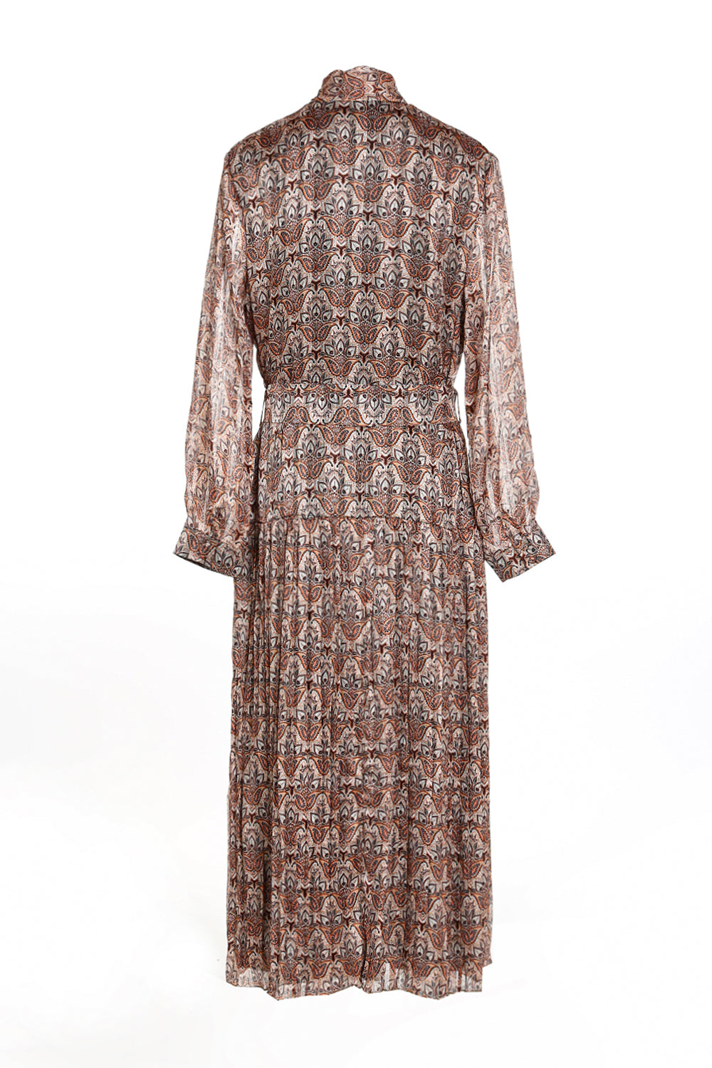 Multi-Print Paisley Pleated Bowtie Sheer Maxi Dress