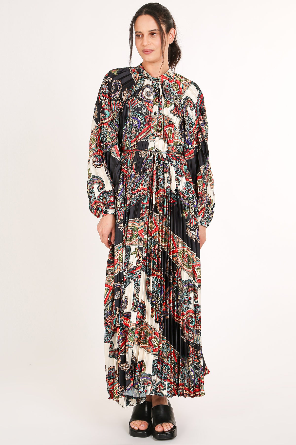 Ellen Multicolor Abstract Paisley Print Pleated Maxi Dress - Shop Beulah Style