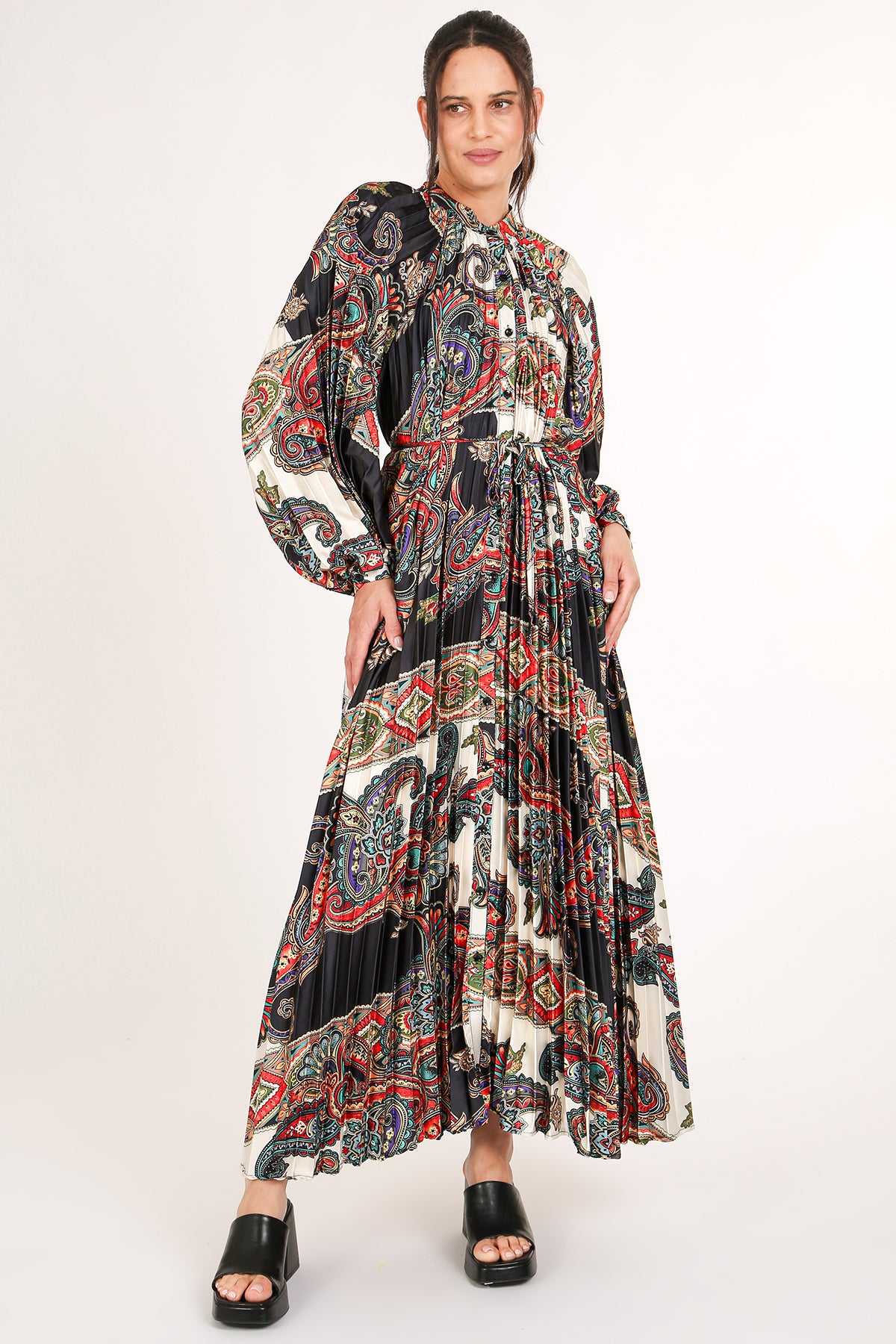 Ellen Multicolor Abstract Paisley Print Pleated Maxi Dress - Shop Beulah Style